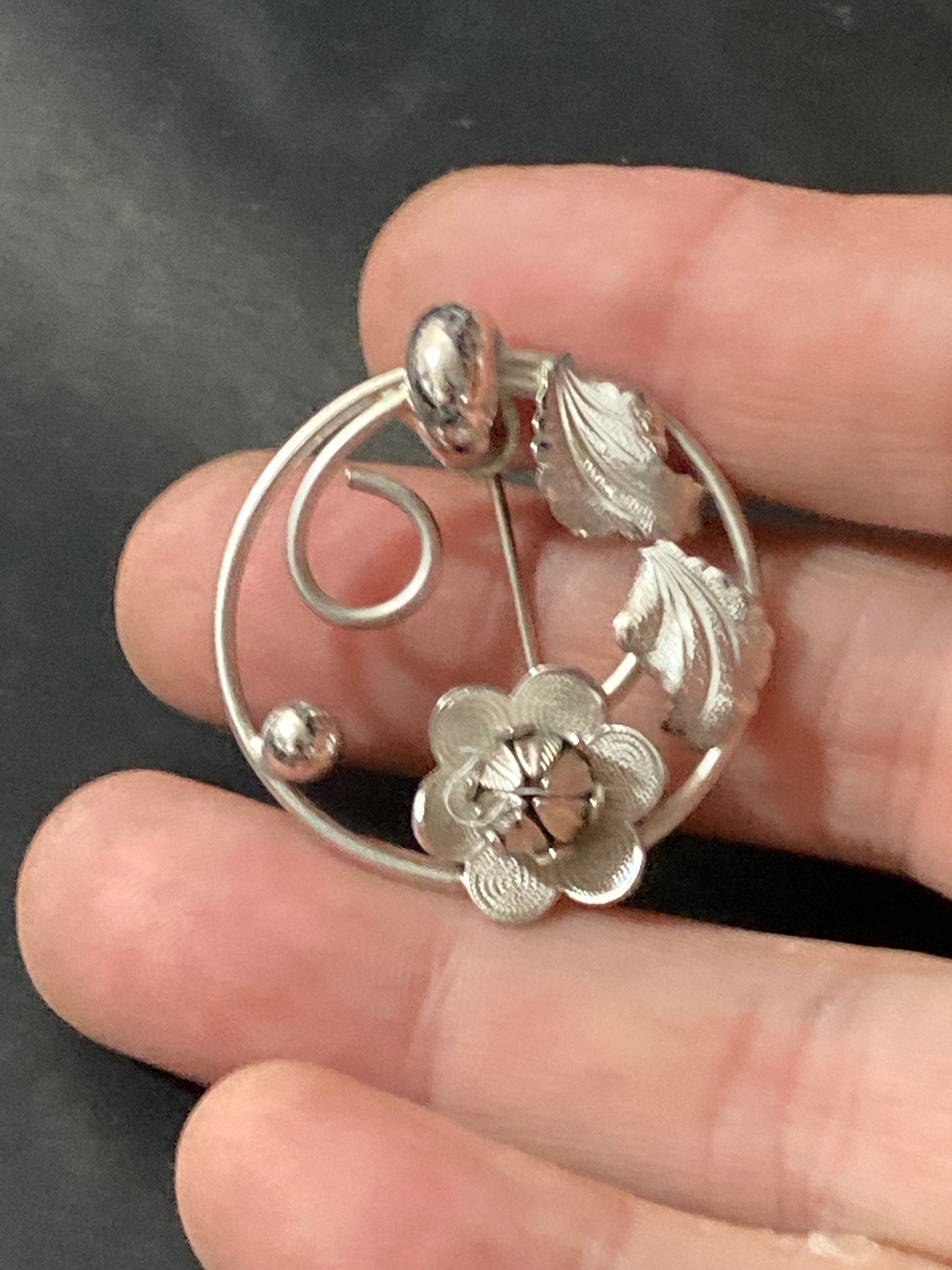 silver tone mid century modernist floral rose brooch art nouveau style
