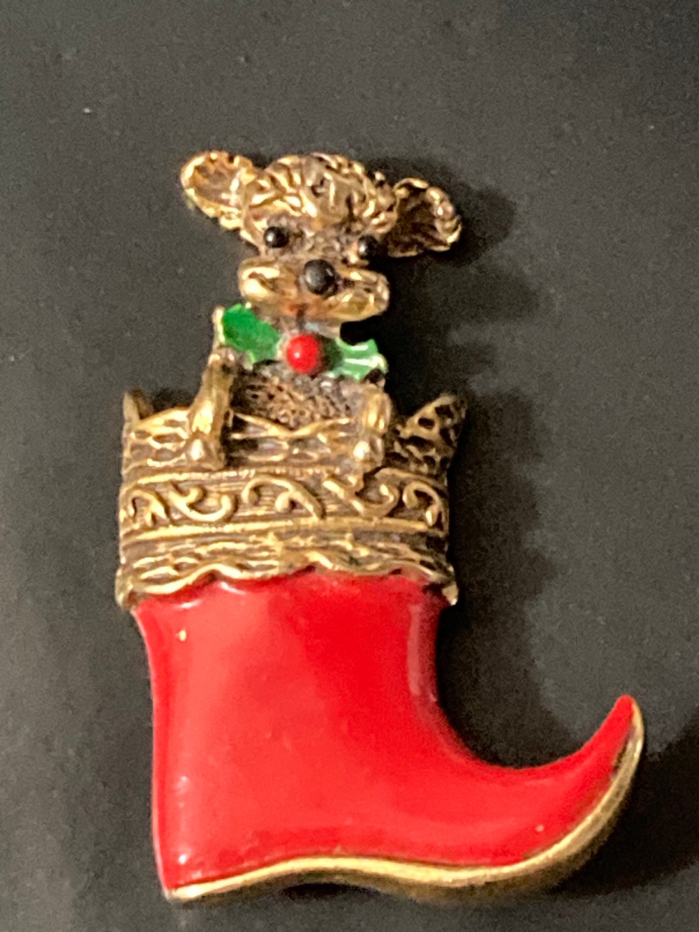 Vintage butler and Wilson red enamel Christmas brooch poodle dog in stocking boot gold tone