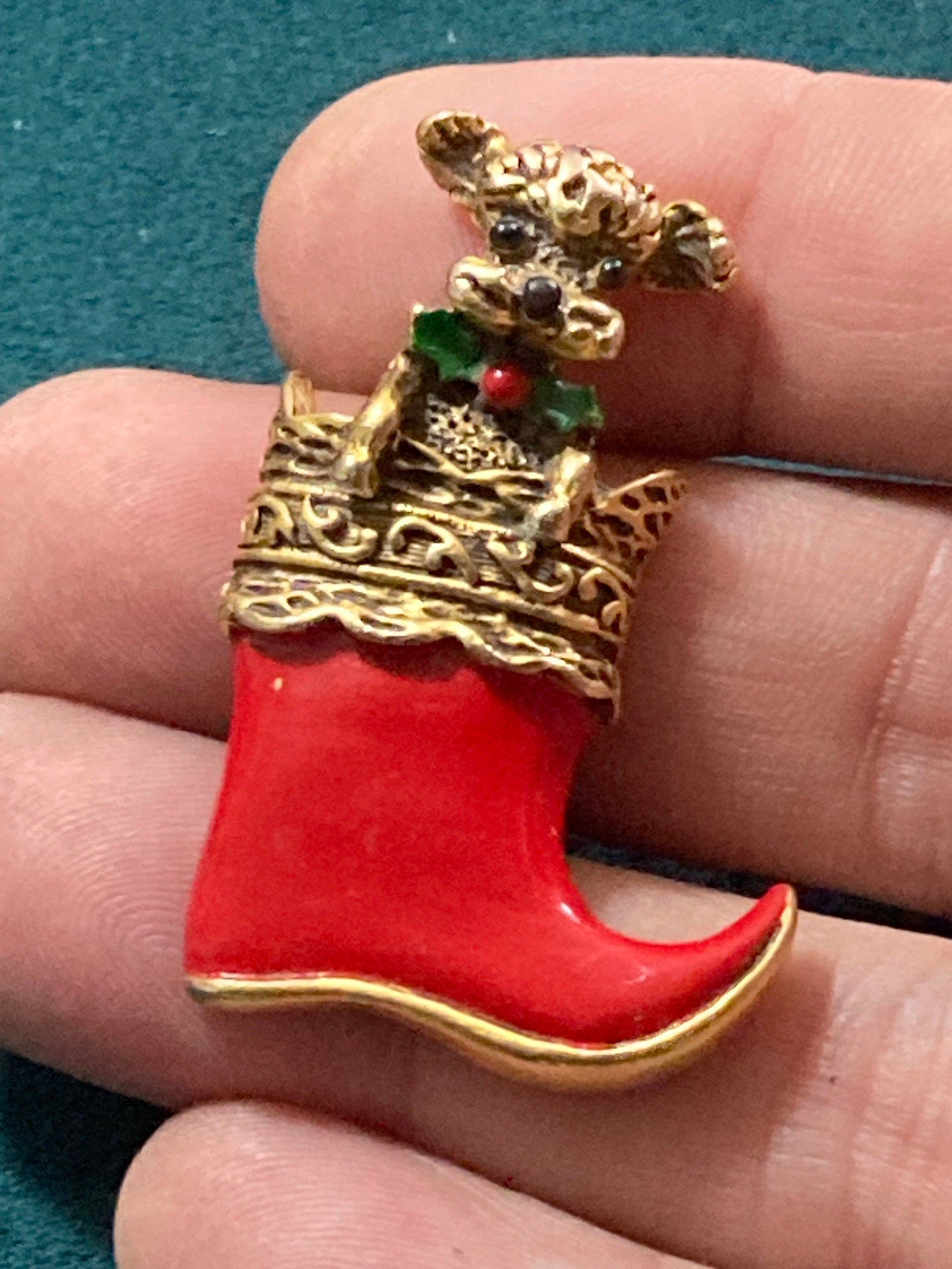 Vintage signed butler and Wilson red enamel Christmas brooch poodle dog in stocking boot gold tone