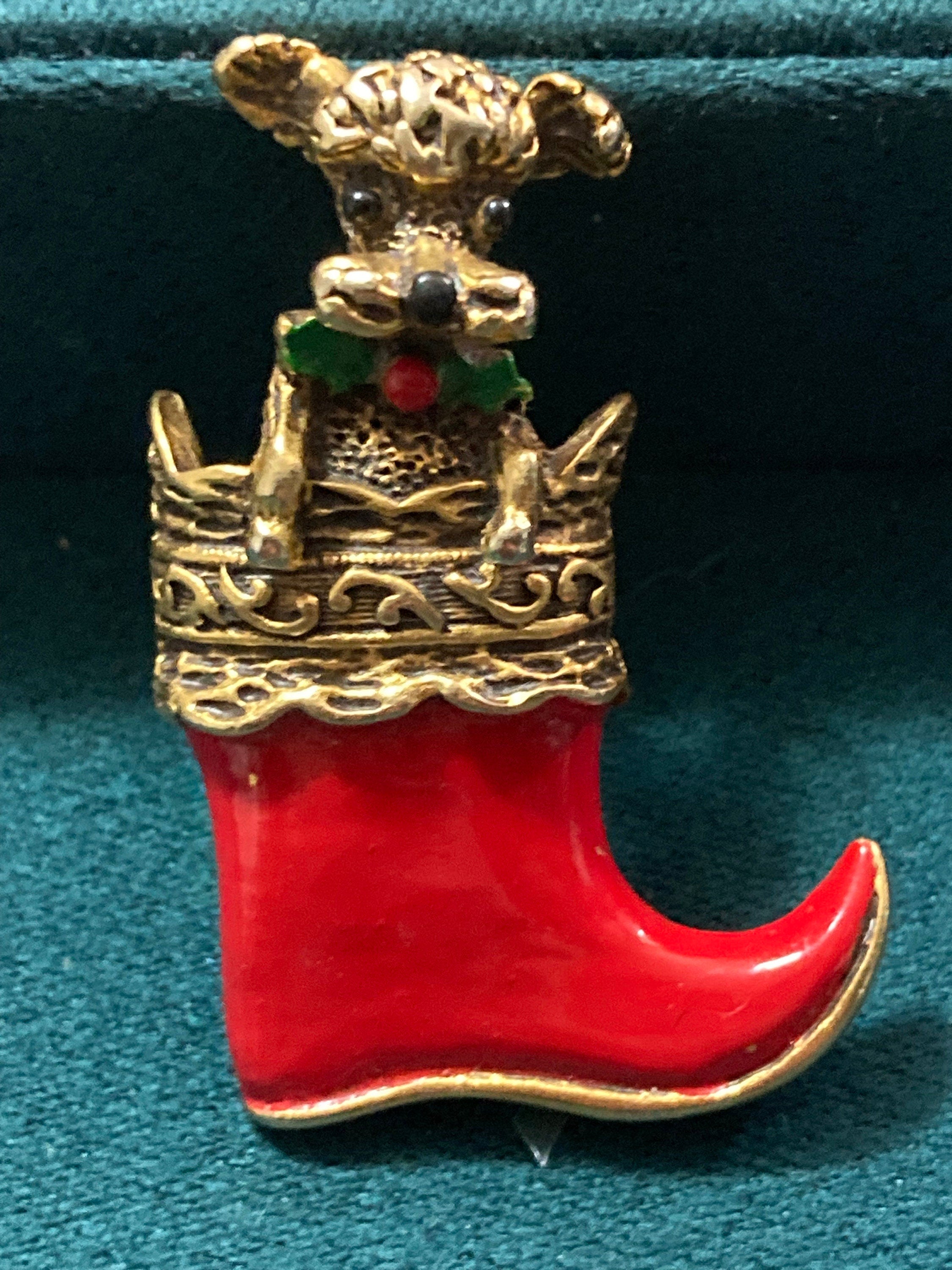 Vintage signed butler and Wilson red enamel Christmas brooch poodle dog in stocking boot gold tone