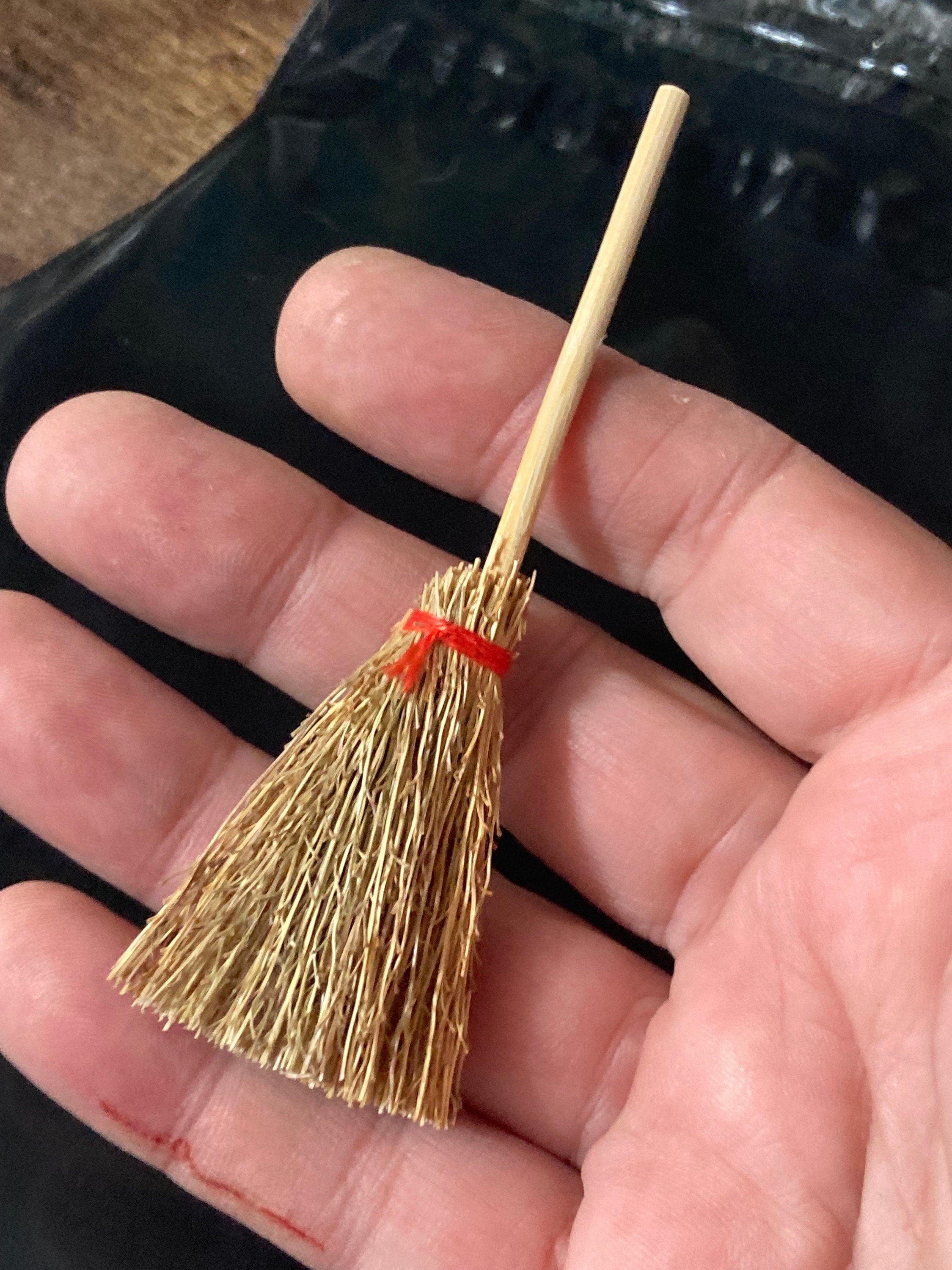 Miniature natural wood and straw witches broomstick Halloween cake topper decoration scenery dolls