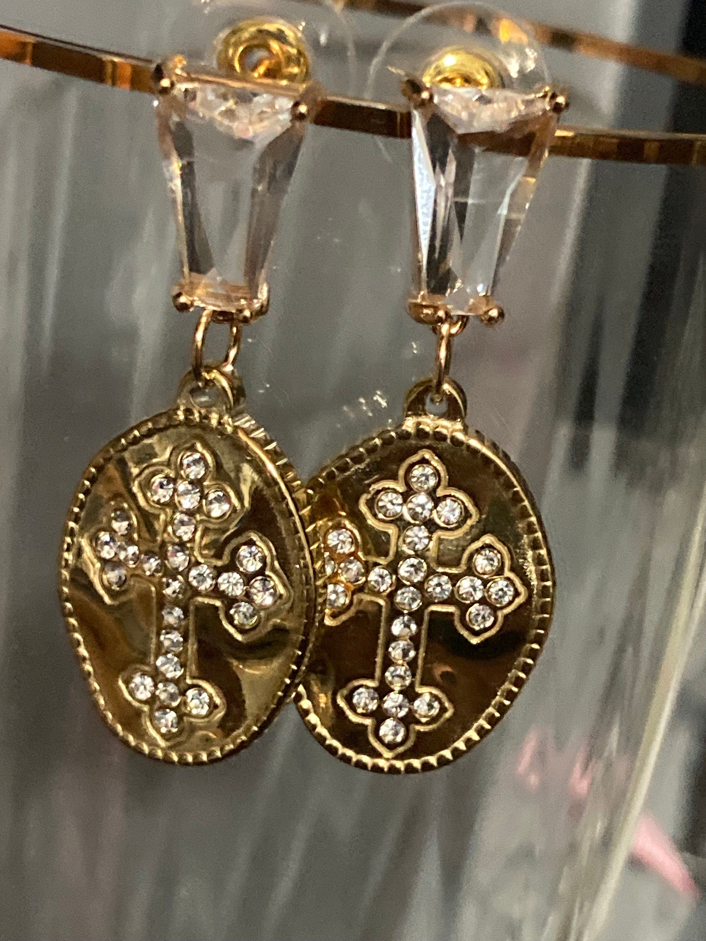 18k gold plated crystal diamanté clear religious cross drop post charm earrings