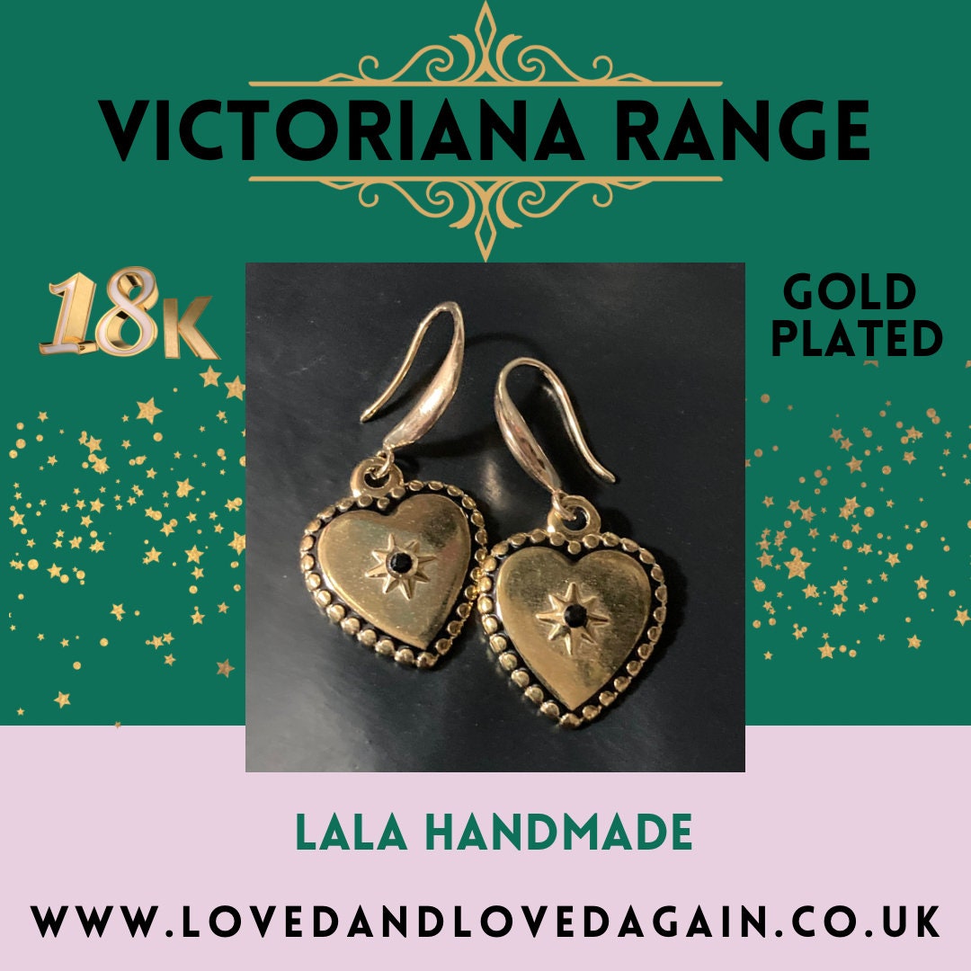 18k gold plated black diamanté and enamel Victorian love heart charm earrings