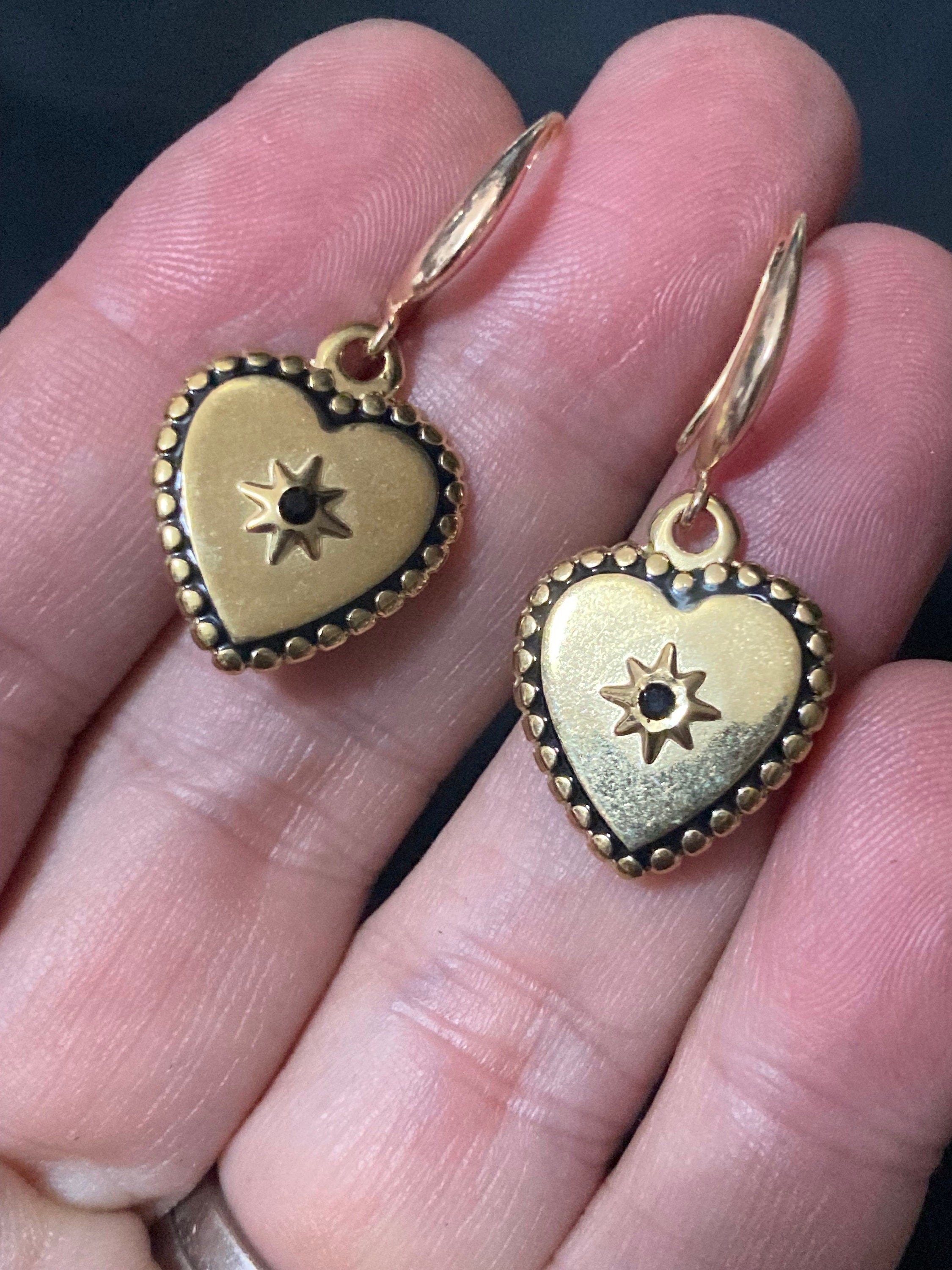 18k gold plated black diamanté and enamel Victorian love heart charm earrings
