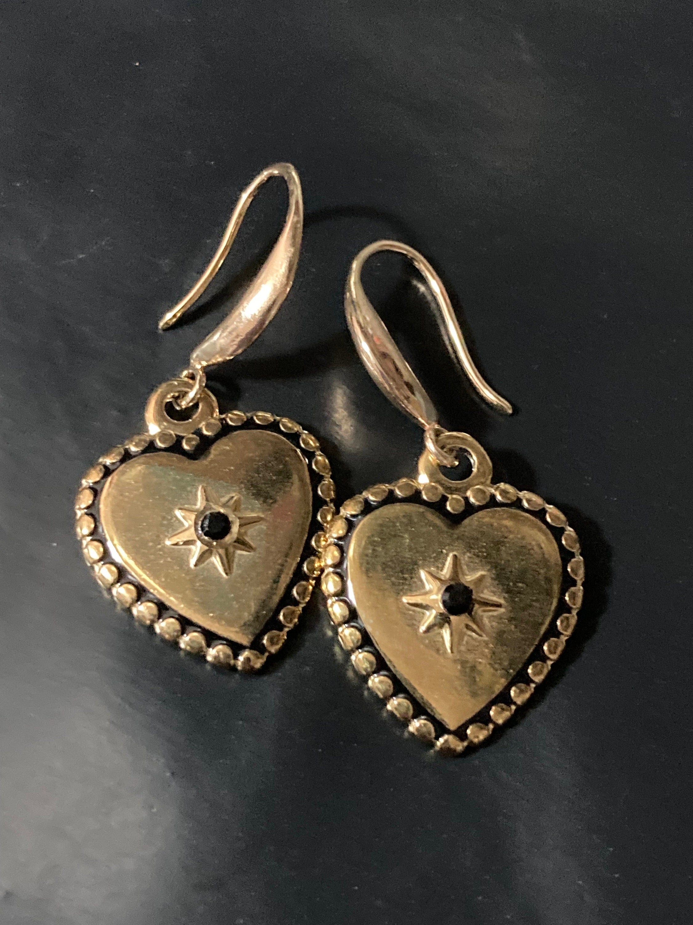 18k gold plated black diamanté and enamel Victorian love heart charm earrings