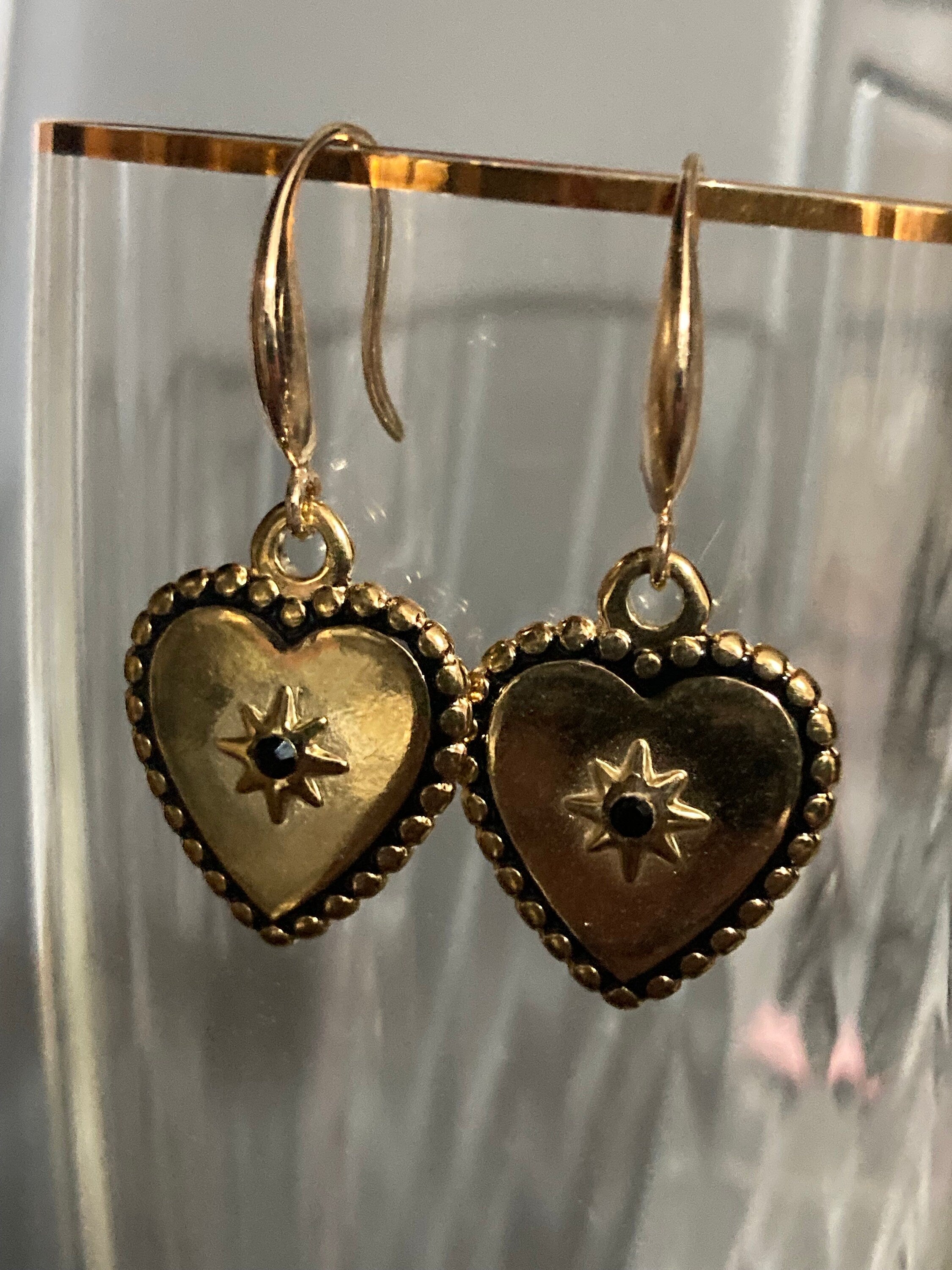 18k gold plated black diamanté and enamel Victorian love heart charm earrings