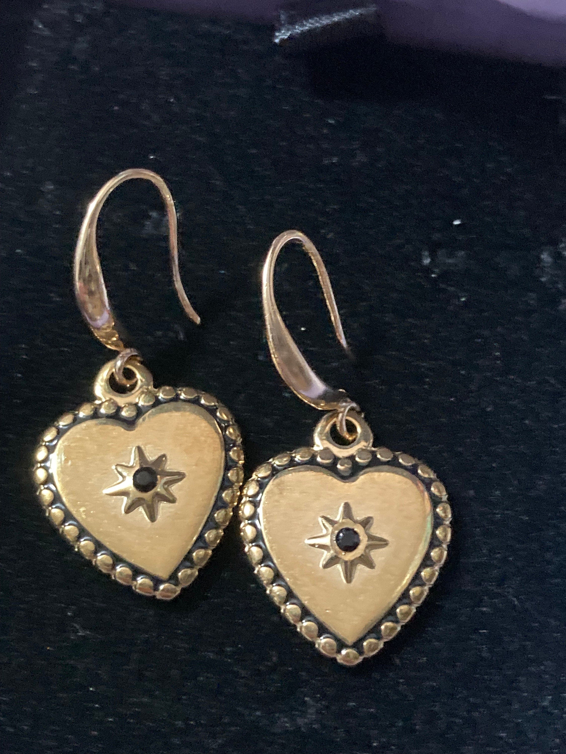 18k gold plated black diamanté and enamel Victorian love heart charm earrings