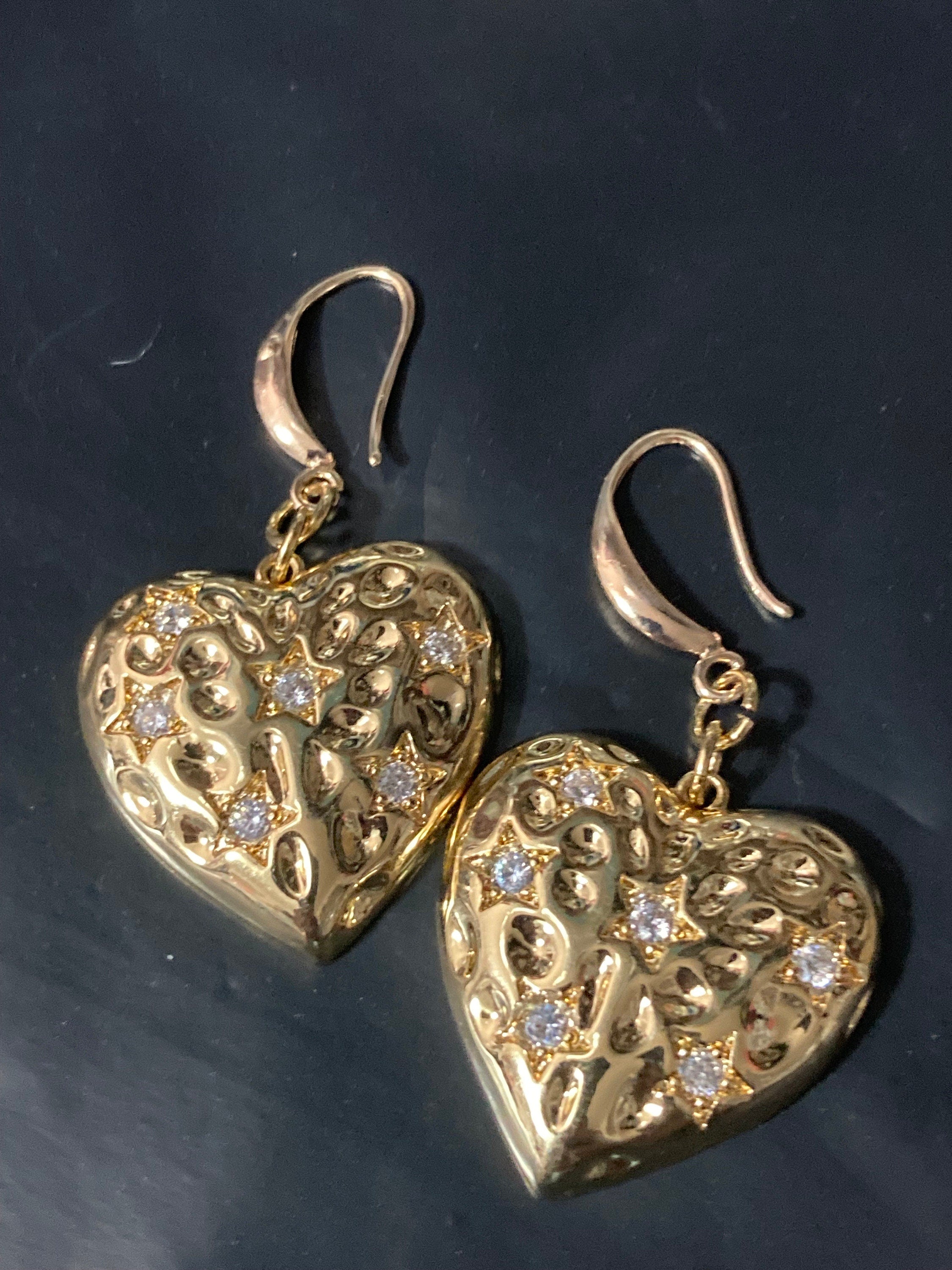 18k gold plated large clear crystal heavy love heart Victorian charm earrings
