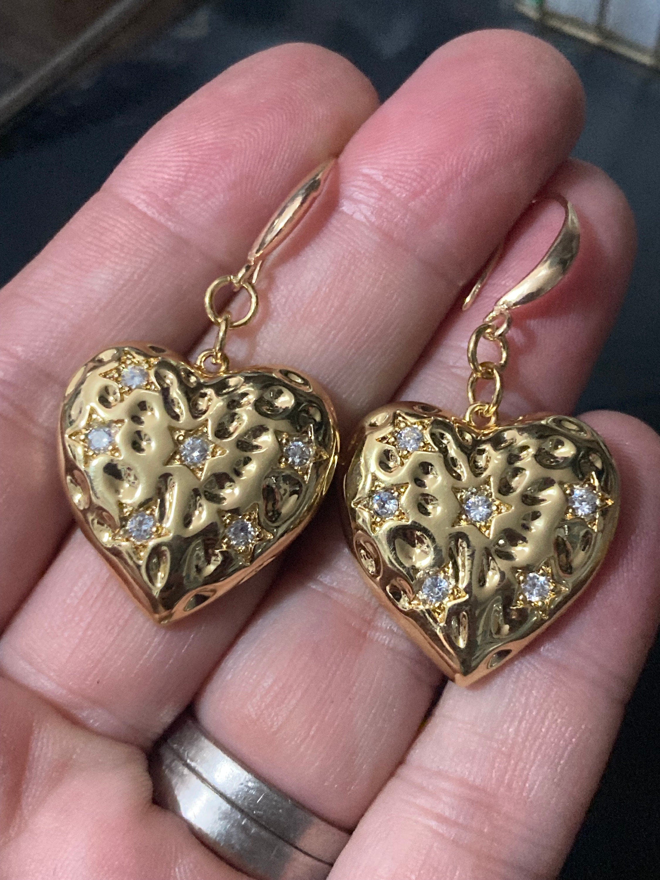 18k gold plated large clear crystal heavy love heart Victorian charm earrings