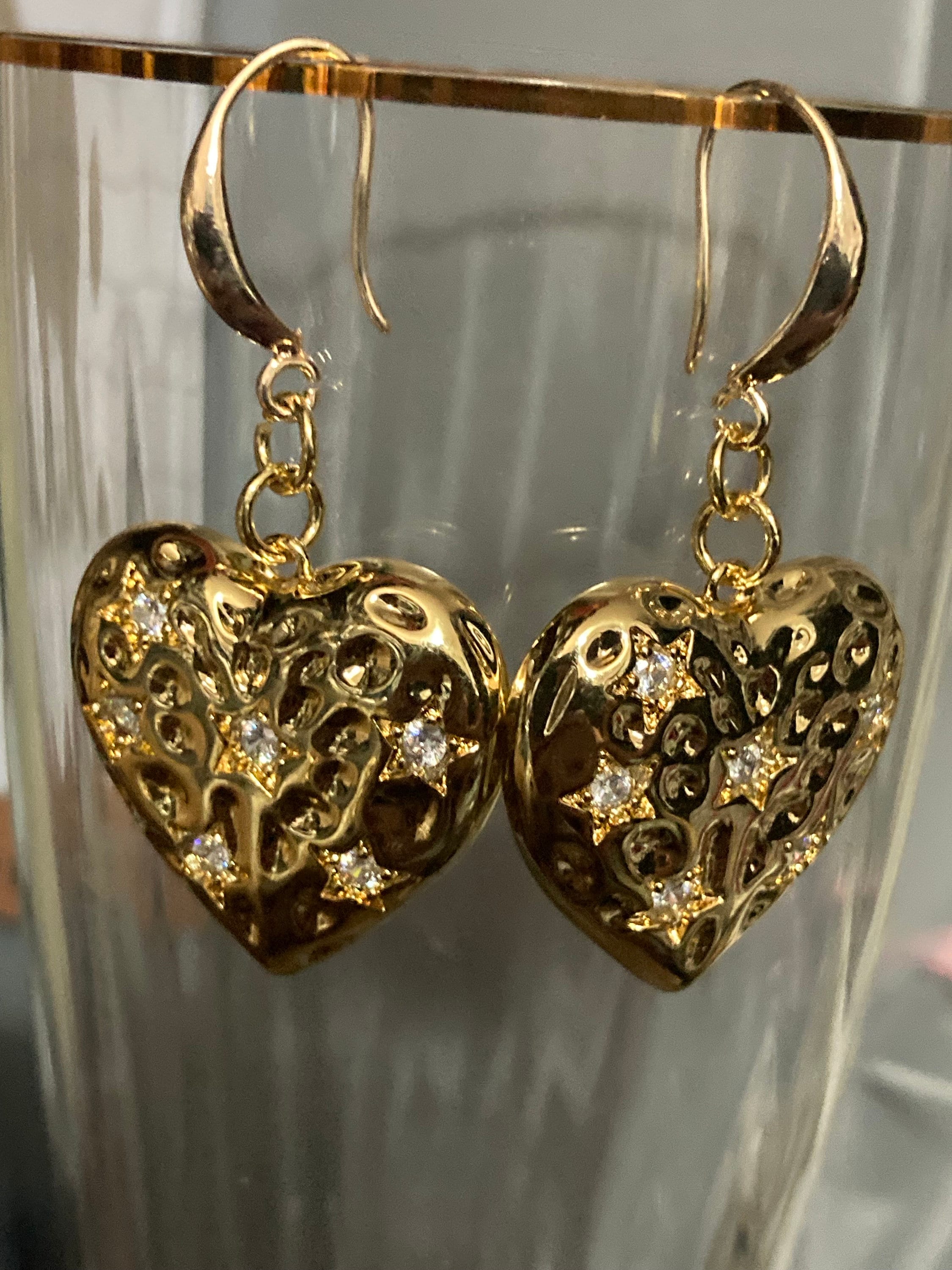 18k gold plated large clear crystal heavy love heart Victorian charm earrings