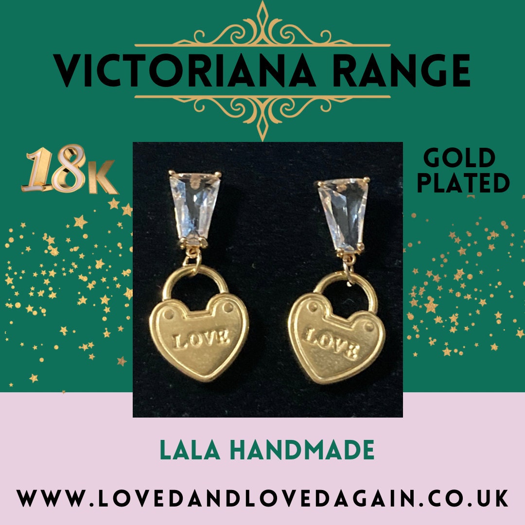 18k gold plated crystal diamanté love heart Victorian padlock charm post earrings pierced