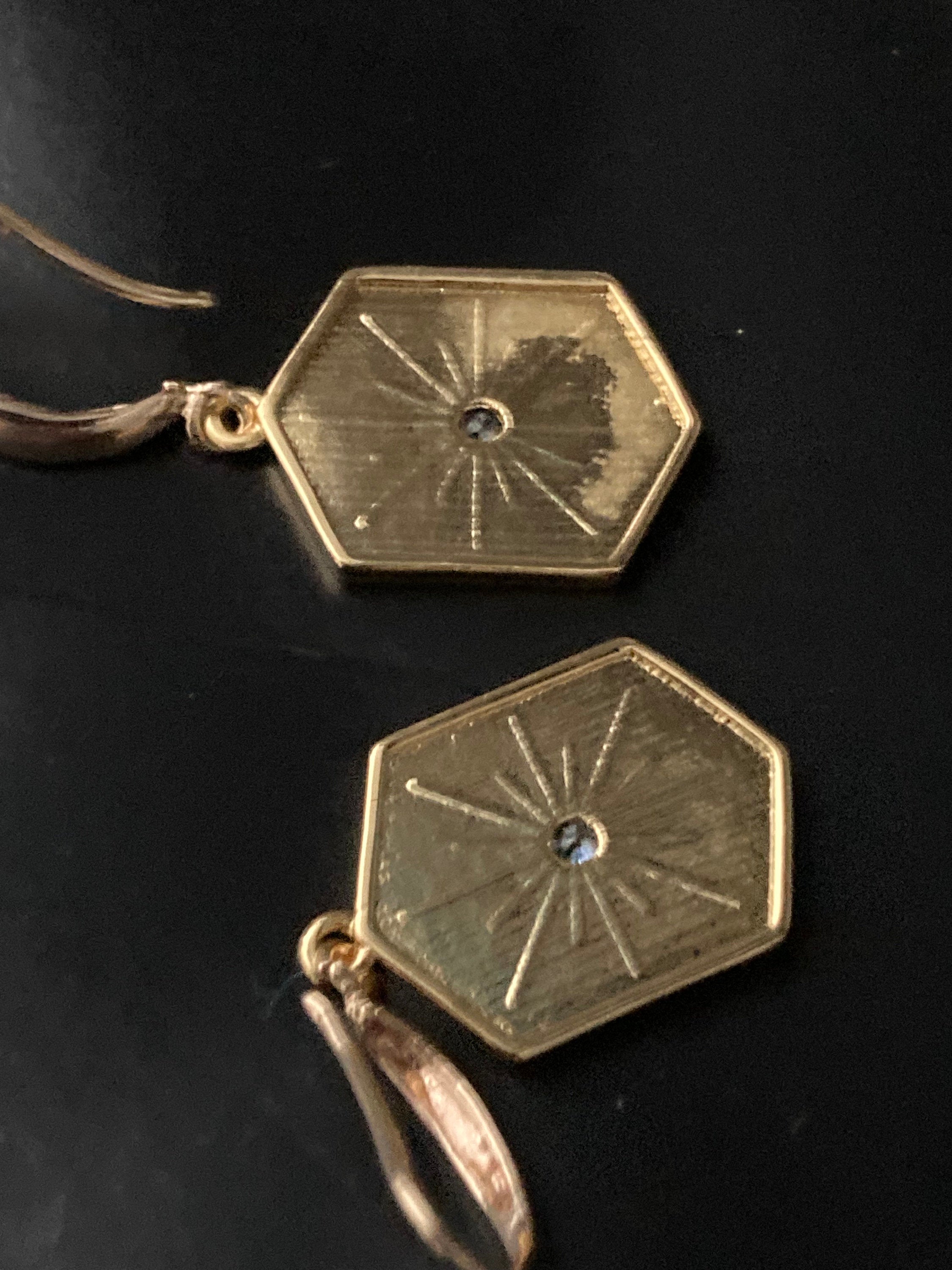 18k gold plated turquoise blue enamel Victorian octagonal star charm panel earrings
