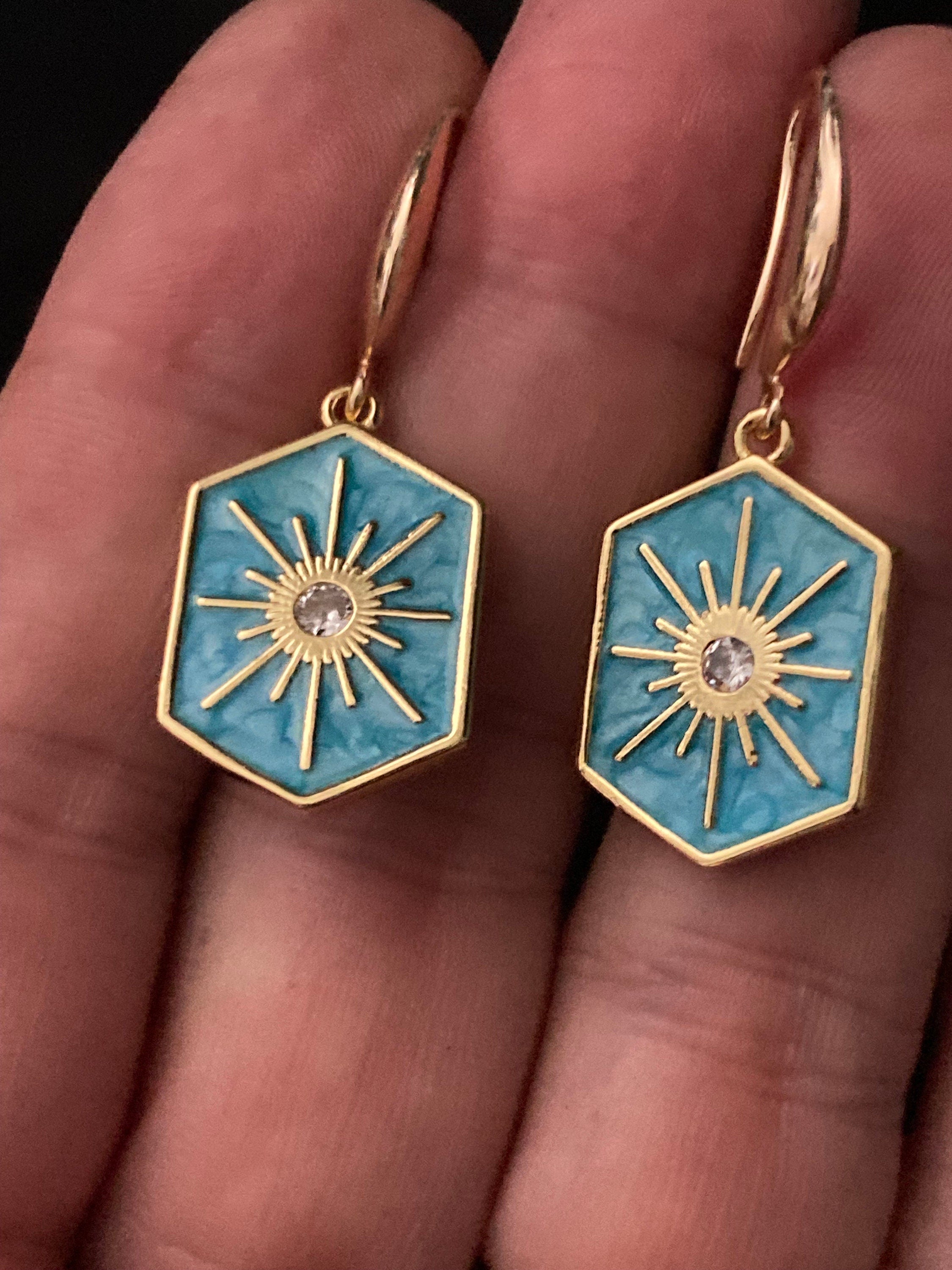 18k gold plated turquoise blue enamel Victorian octagonal star charm panel earrings