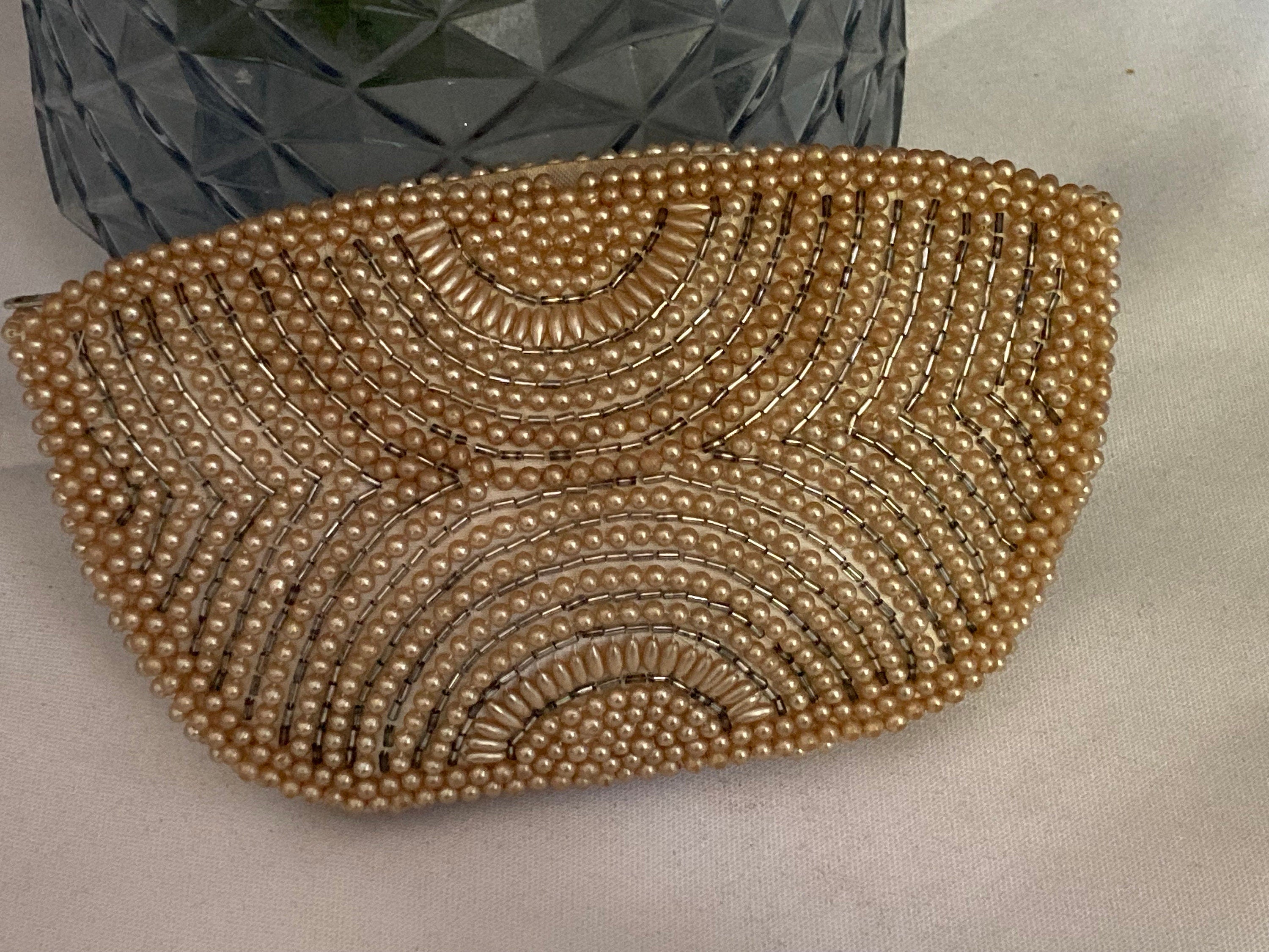 Vintage cream white micro beaded faux pearl evening purse belgian