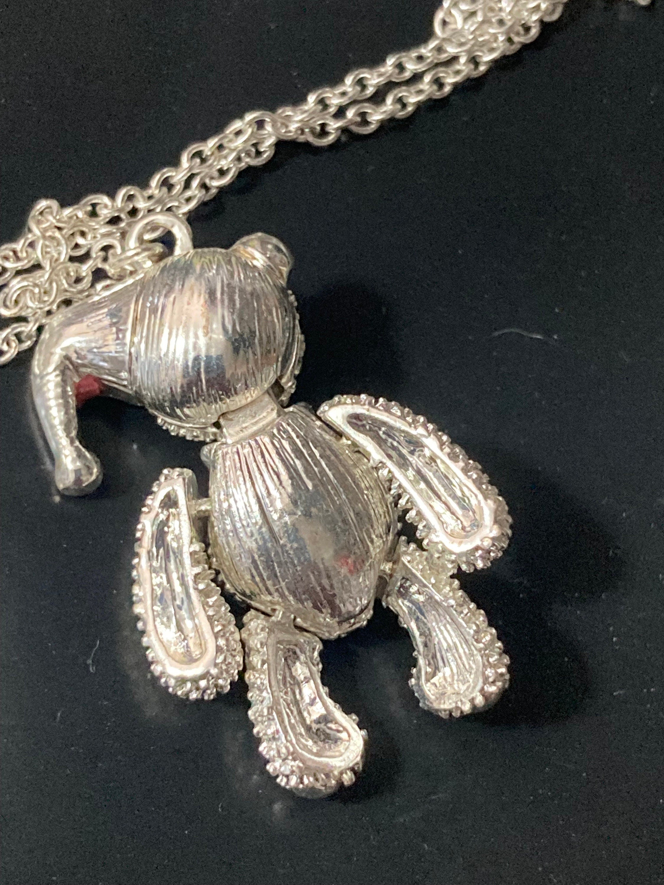 Retro articulated limbs clear diamanté Christmas teddy bear pendant necklace