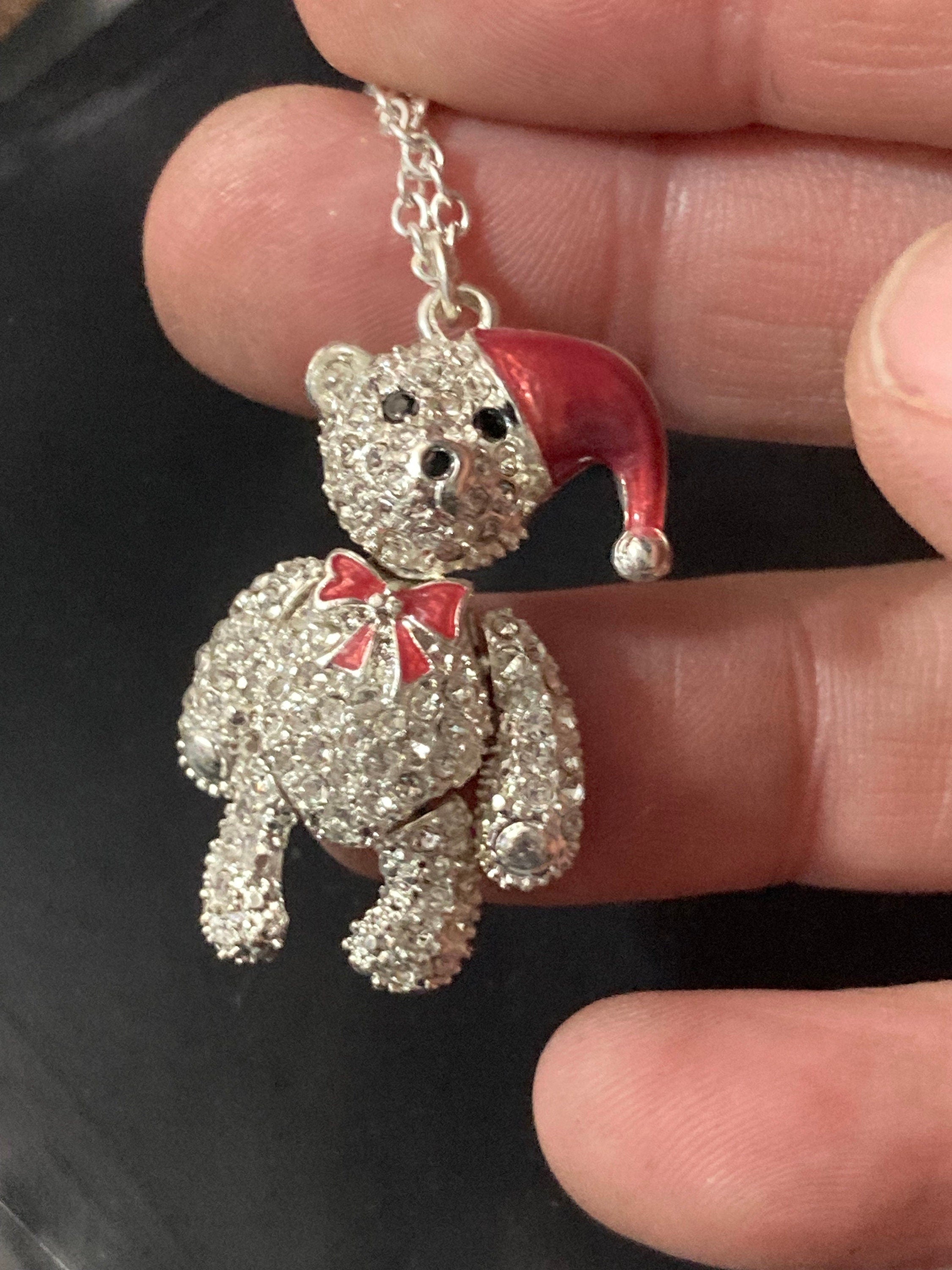 Retro articulated limbs clear diamanté Christmas teddy bear pendant necklace