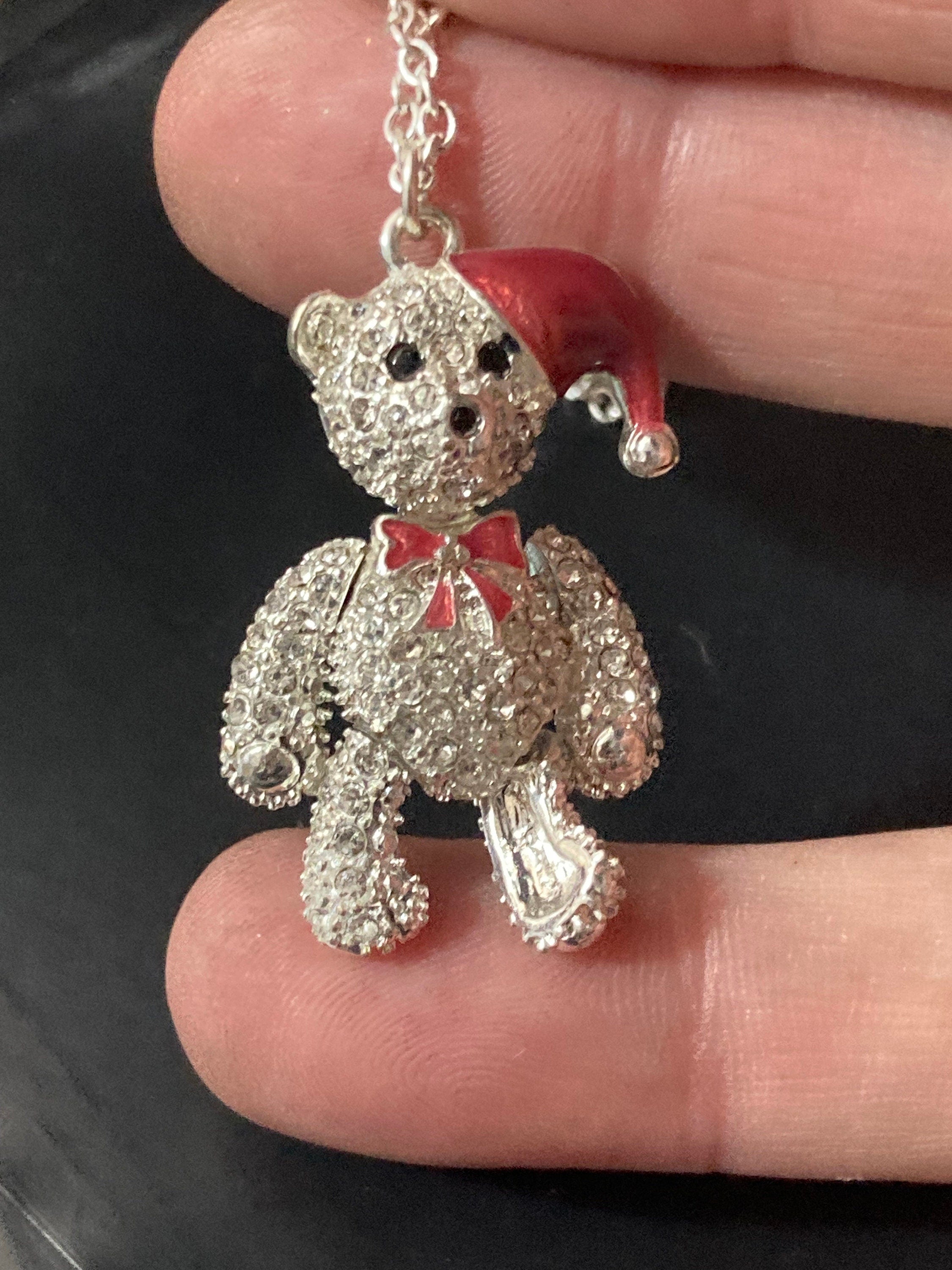 Retro articulated limbs clear diamanté Christmas teddy bear pendant necklace
