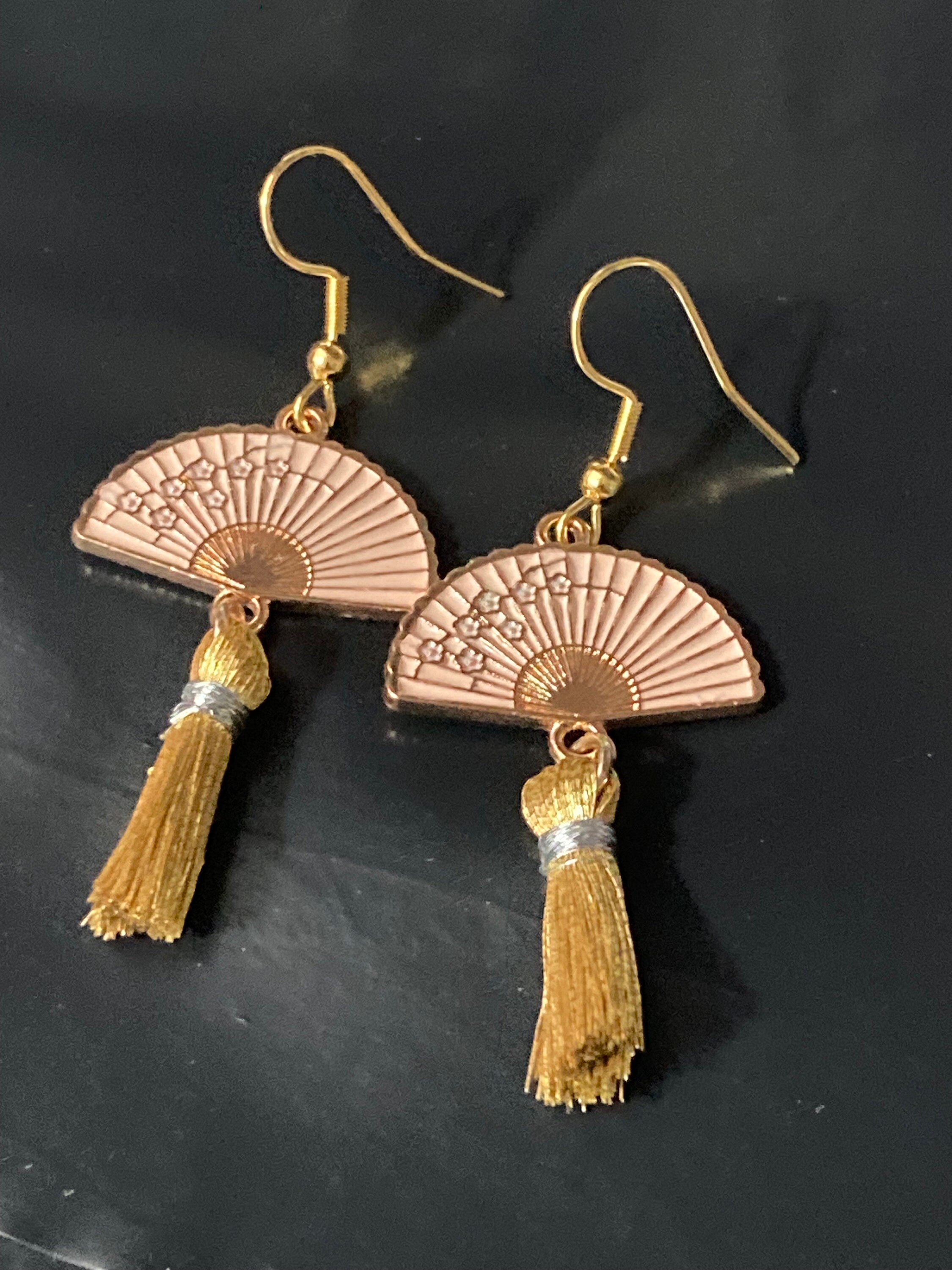 Japanese pink tassel fan earrings Vintage style gold tone Chinese pierced