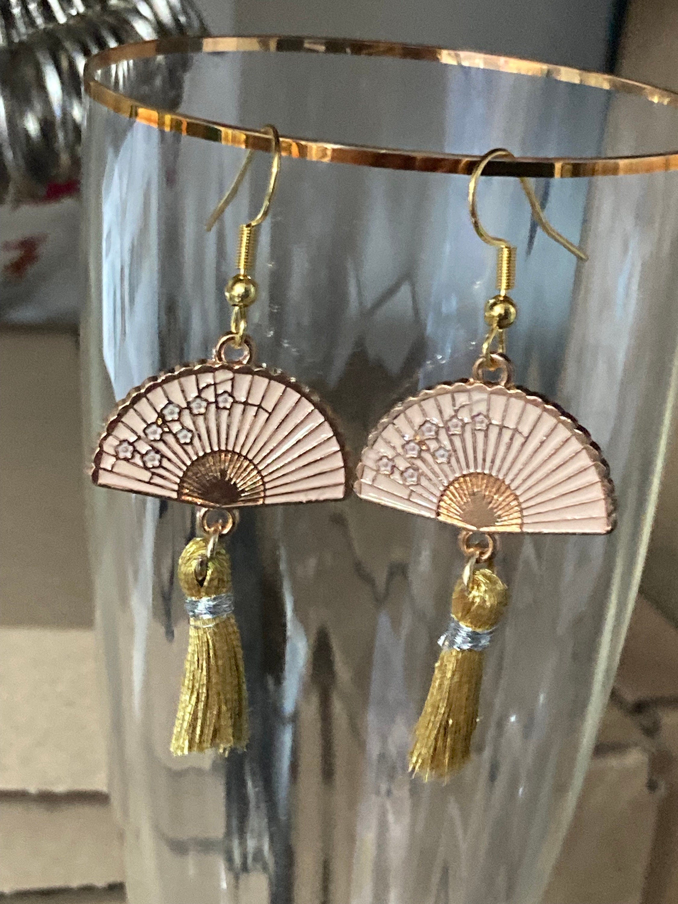 Japanese pink tassel fan earrings Vintage style gold tone Chinese pierced
