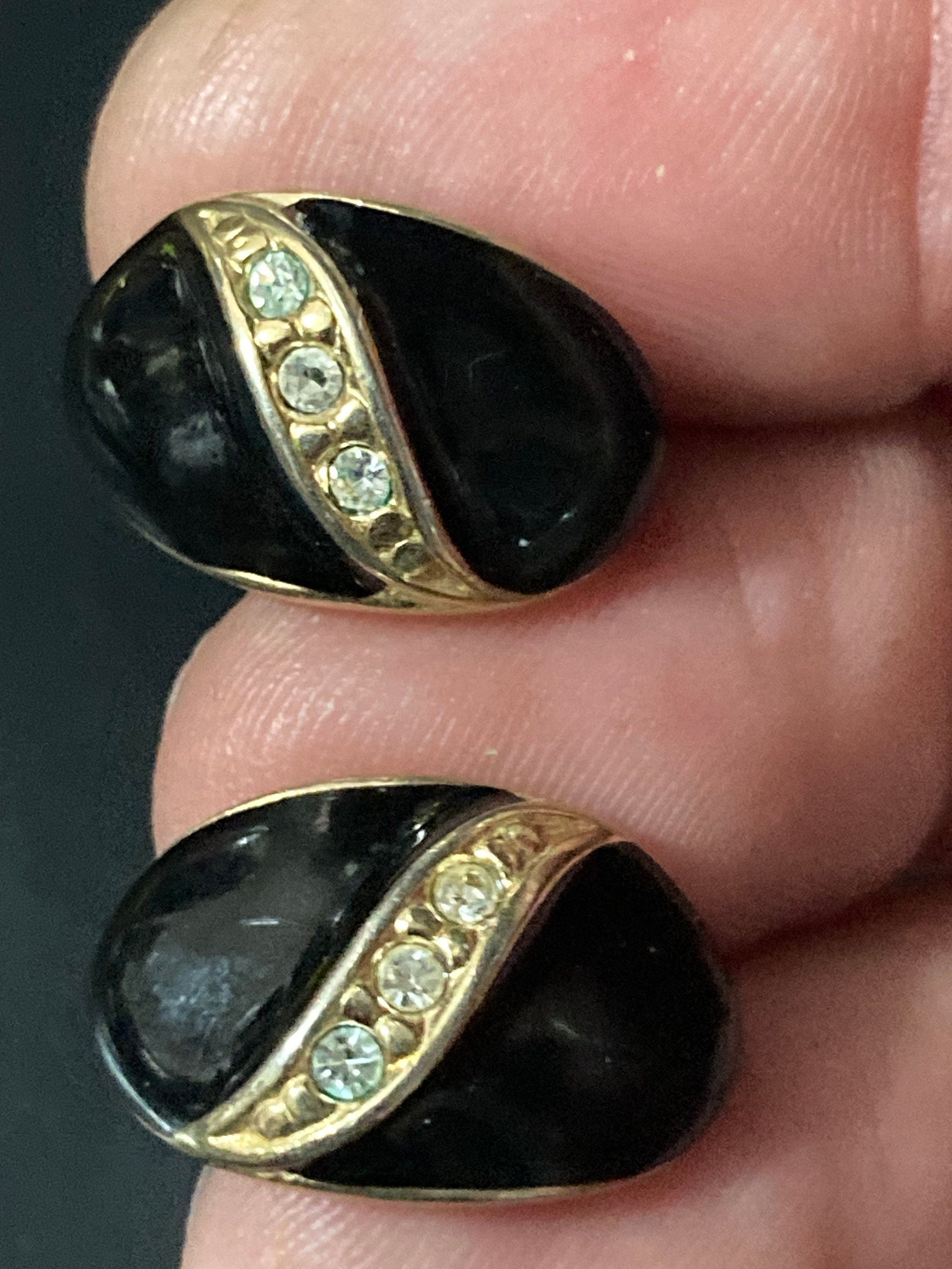 Retro 1980s classic Gold tone pierced black enamel diamanté Oval stud earrings