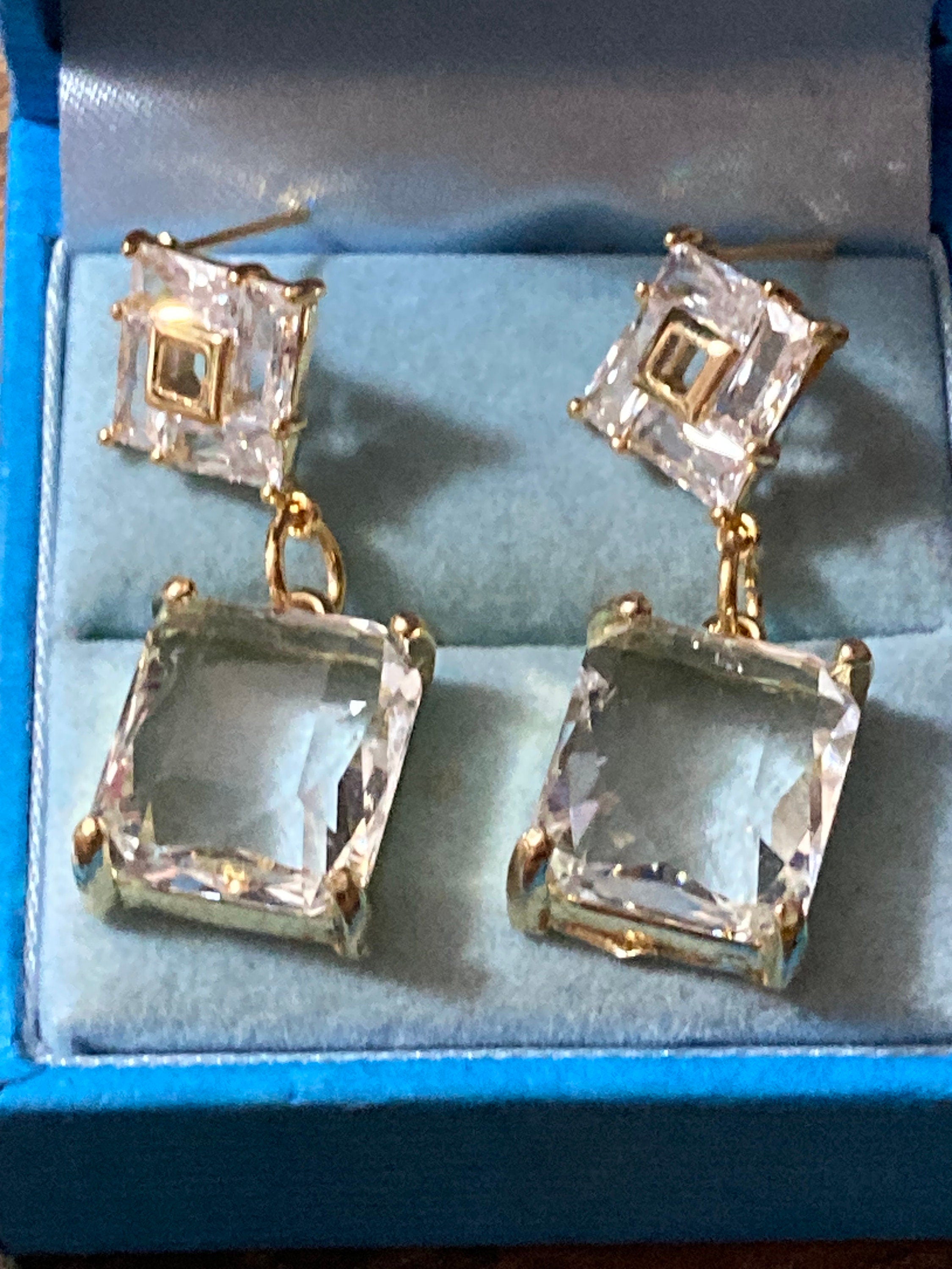18k Gold plated faceted crystal glass diamanté rectangular drop earrings