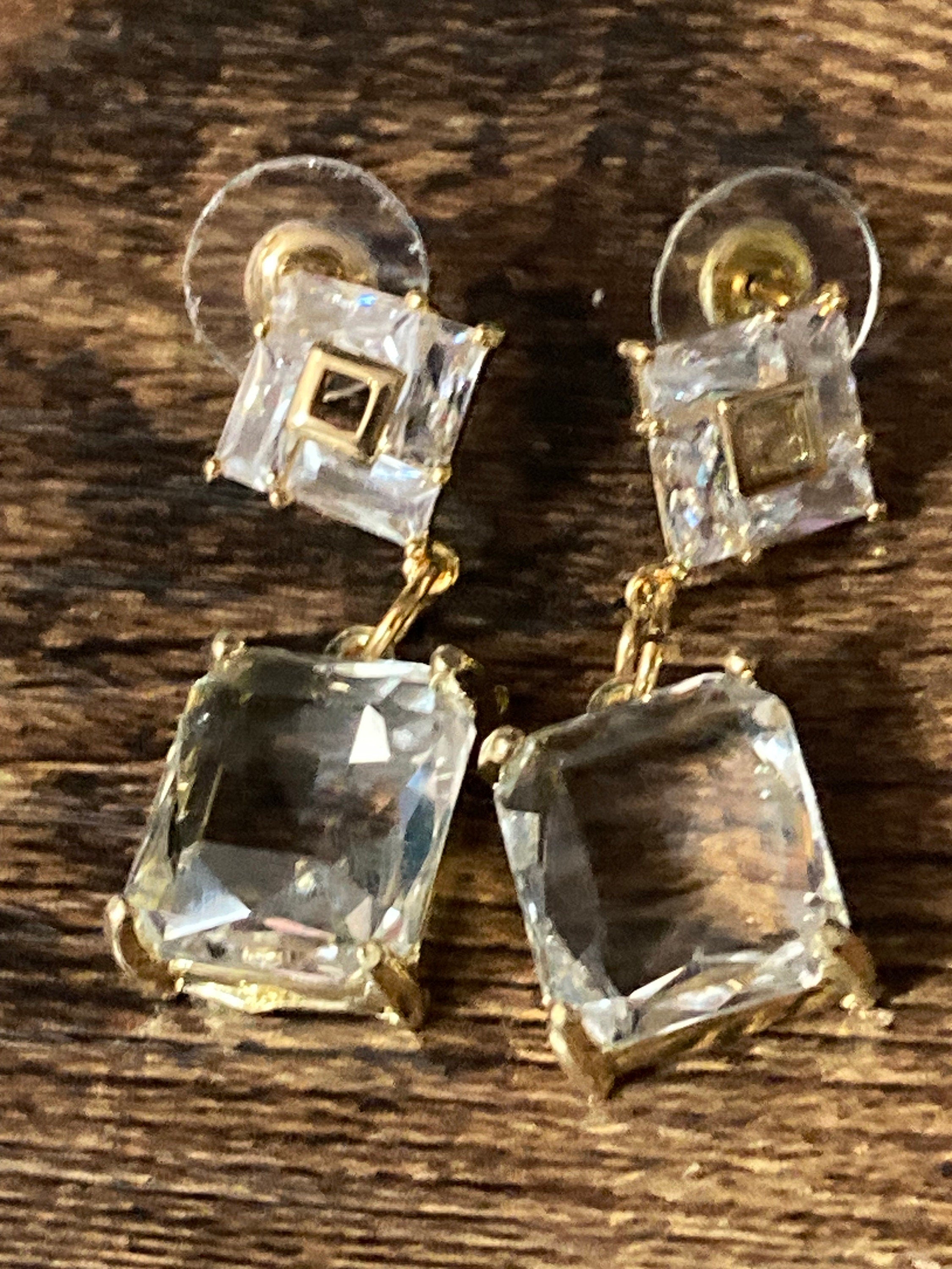 18k Gold plated faceted crystal glass diamanté rectangular drop earrings