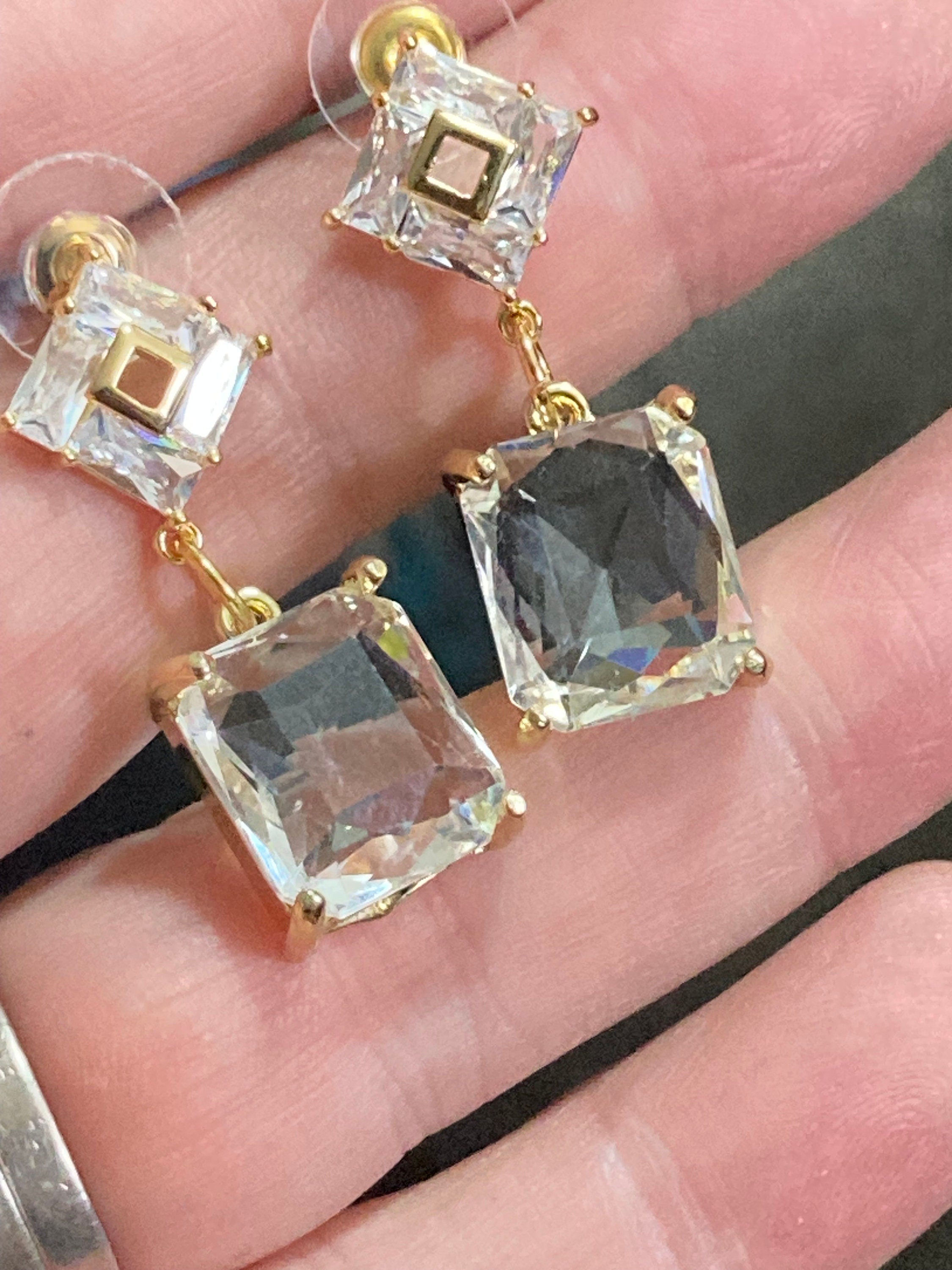 18k Gold plated faceted crystal glass diamanté rectangular drop earrings