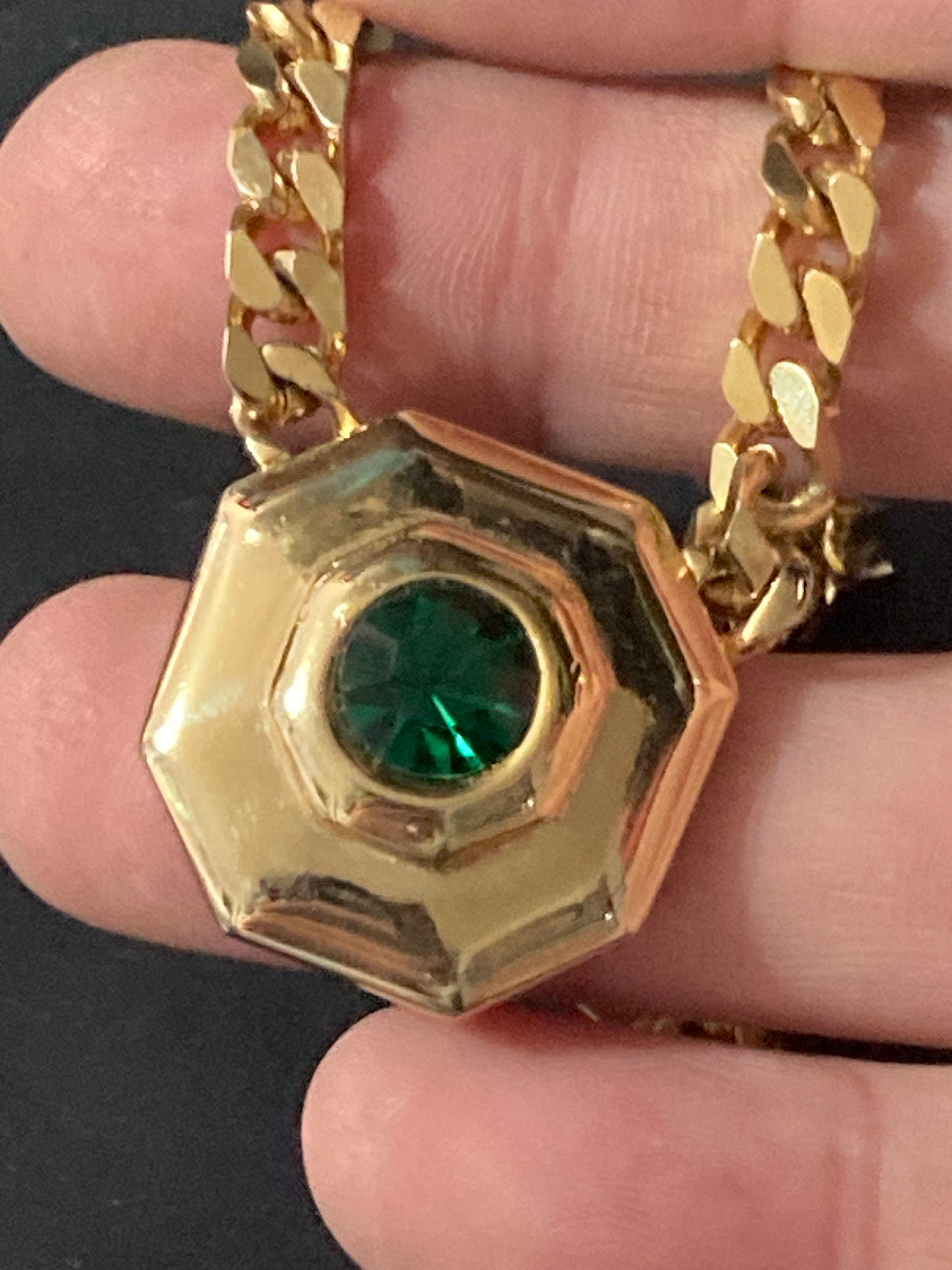 Signed Sphinx Emerald green glass octagonal diamanté necklace