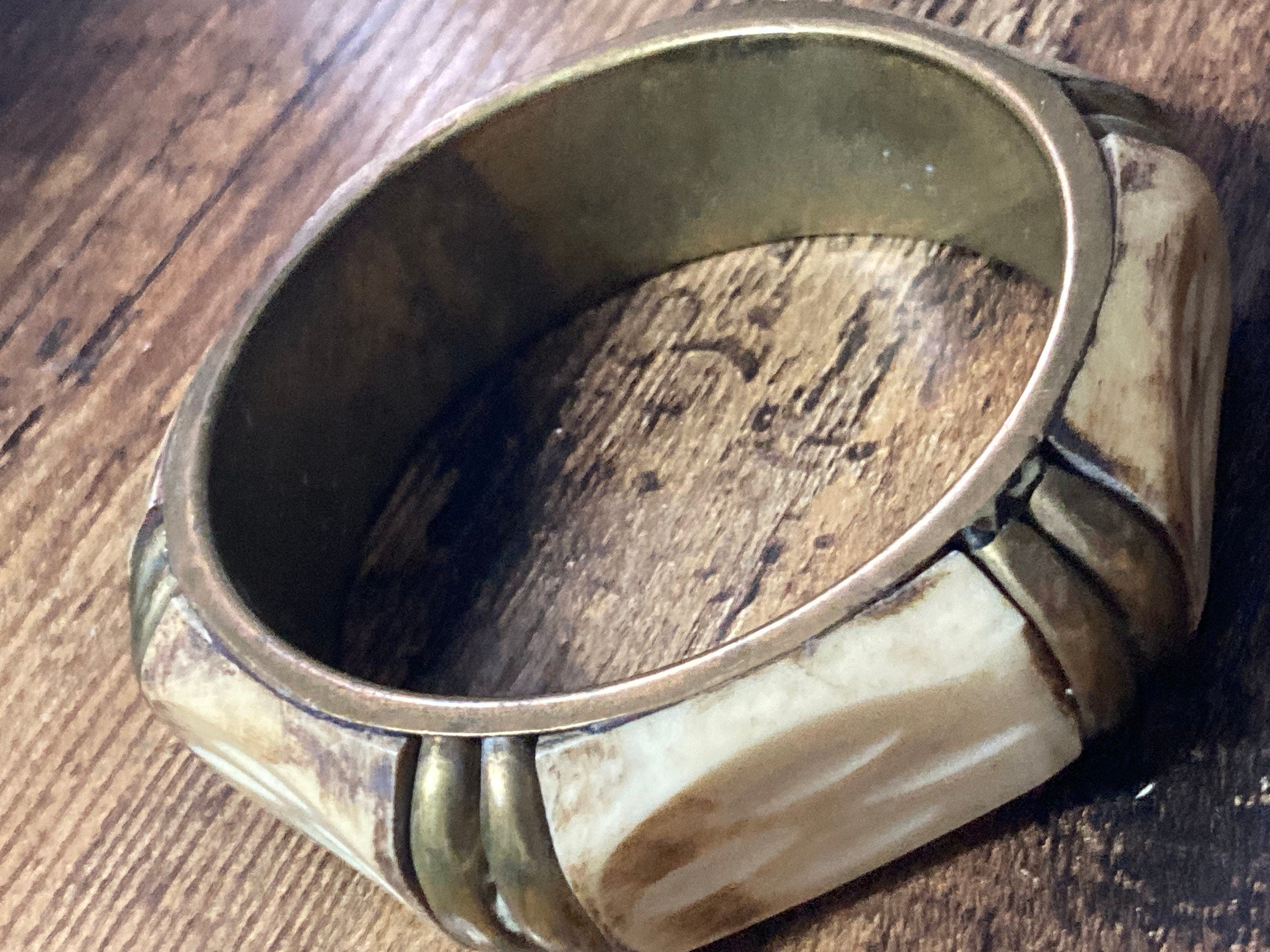 Retro gold tone faux bone acrylic brass wide cuff bangle