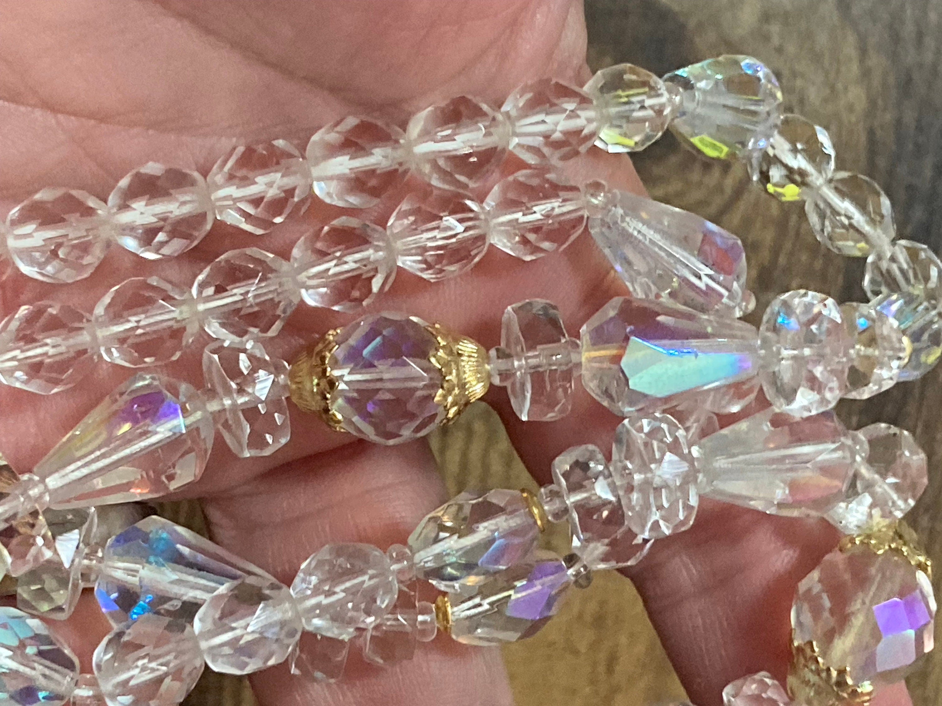 Long faceted glass single strand beaded clear diamanté crystal necklace 72cm