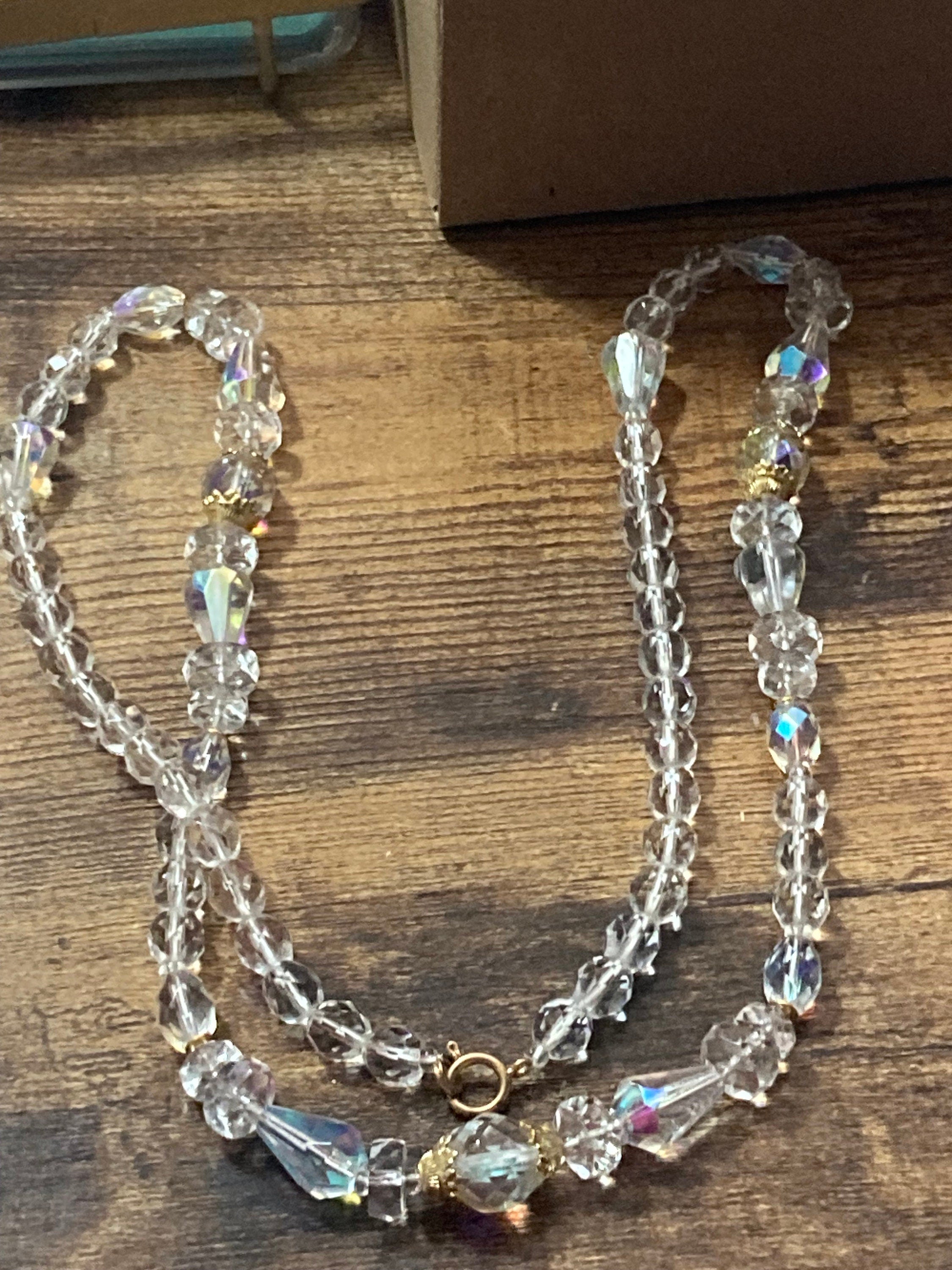 Long faceted glass single strand beaded clear diamanté crystal necklace 72cm