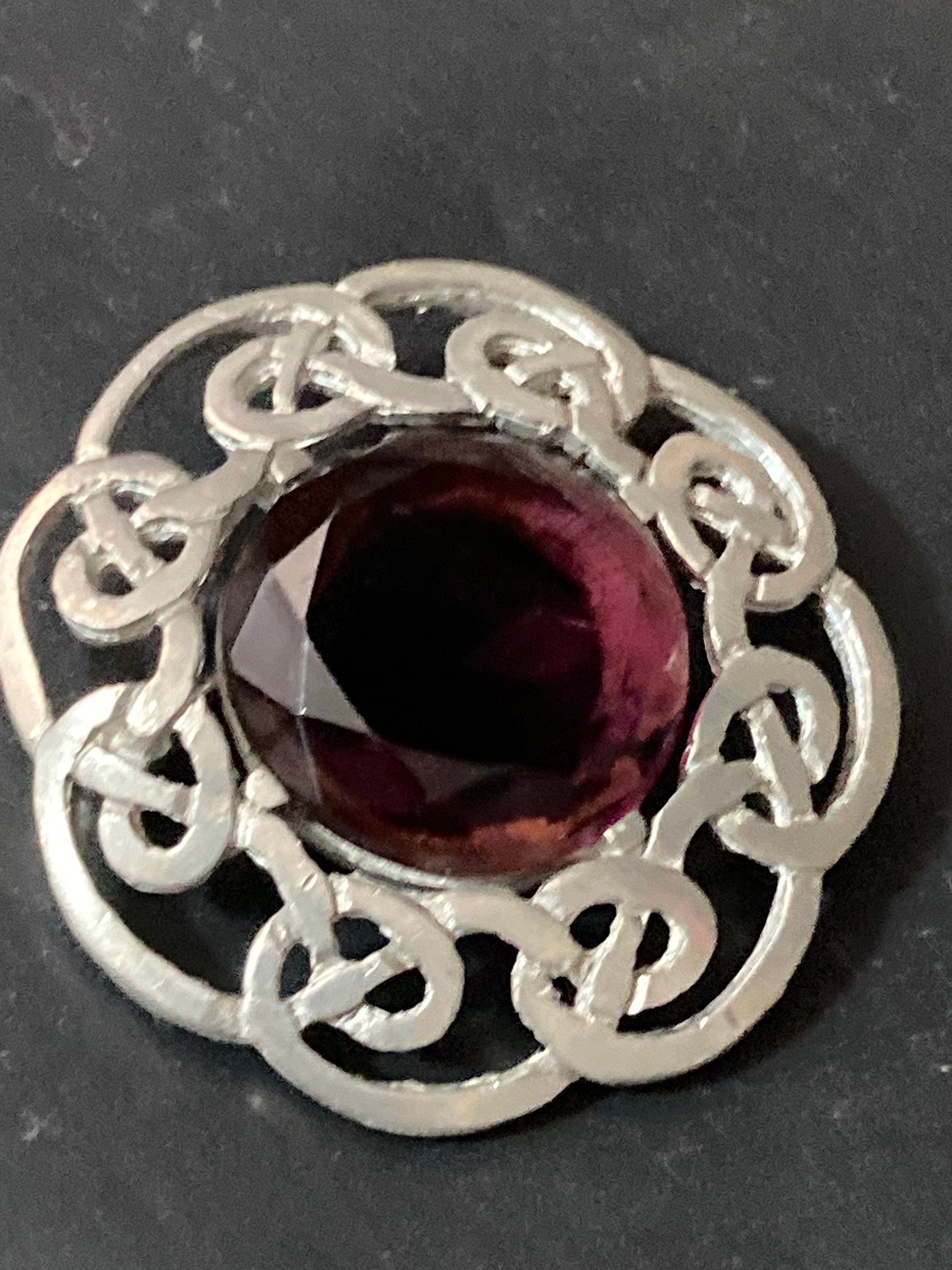 signed vintage Celtic style Scottish brooch amethyst glass paste gemstone