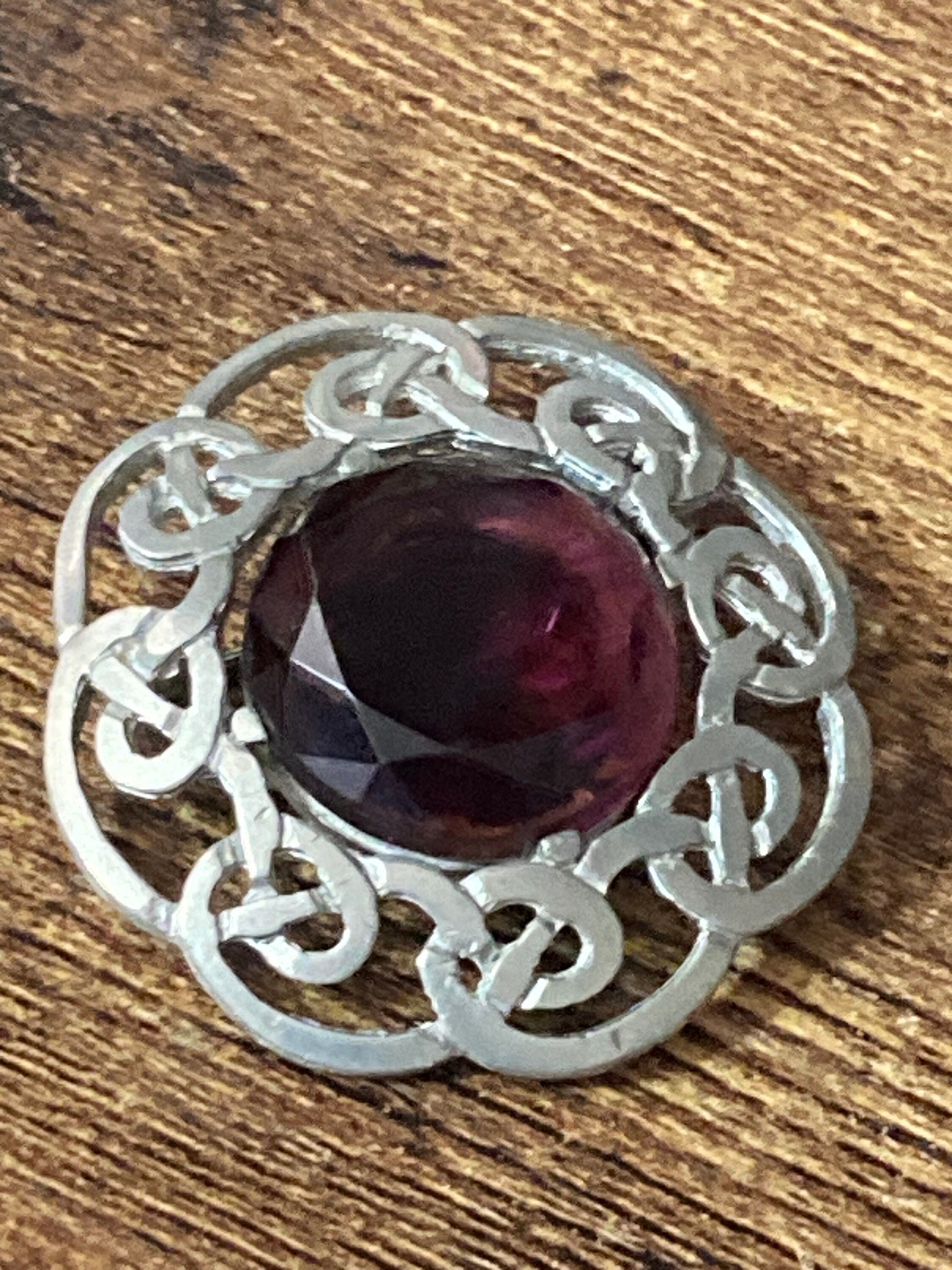signed vintage Celtic style Scottish brooch amethyst glass paste gemstone