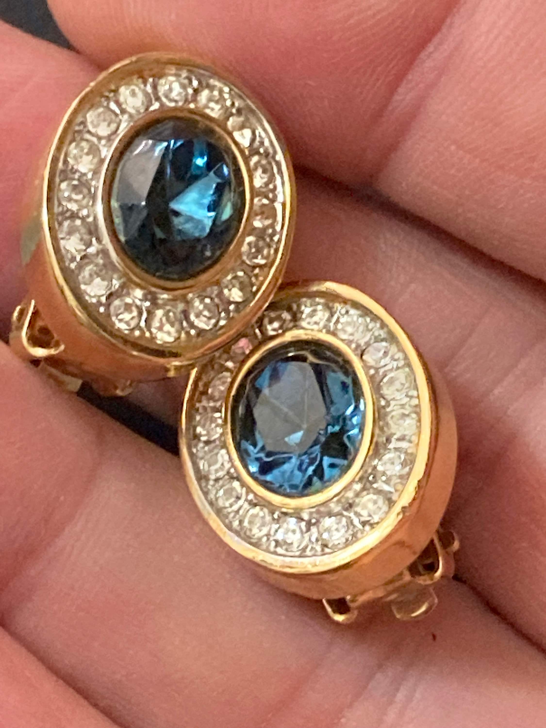 Signed Sphinx Oval sapphire clear glass paste gold tone diamanté clip on earrings