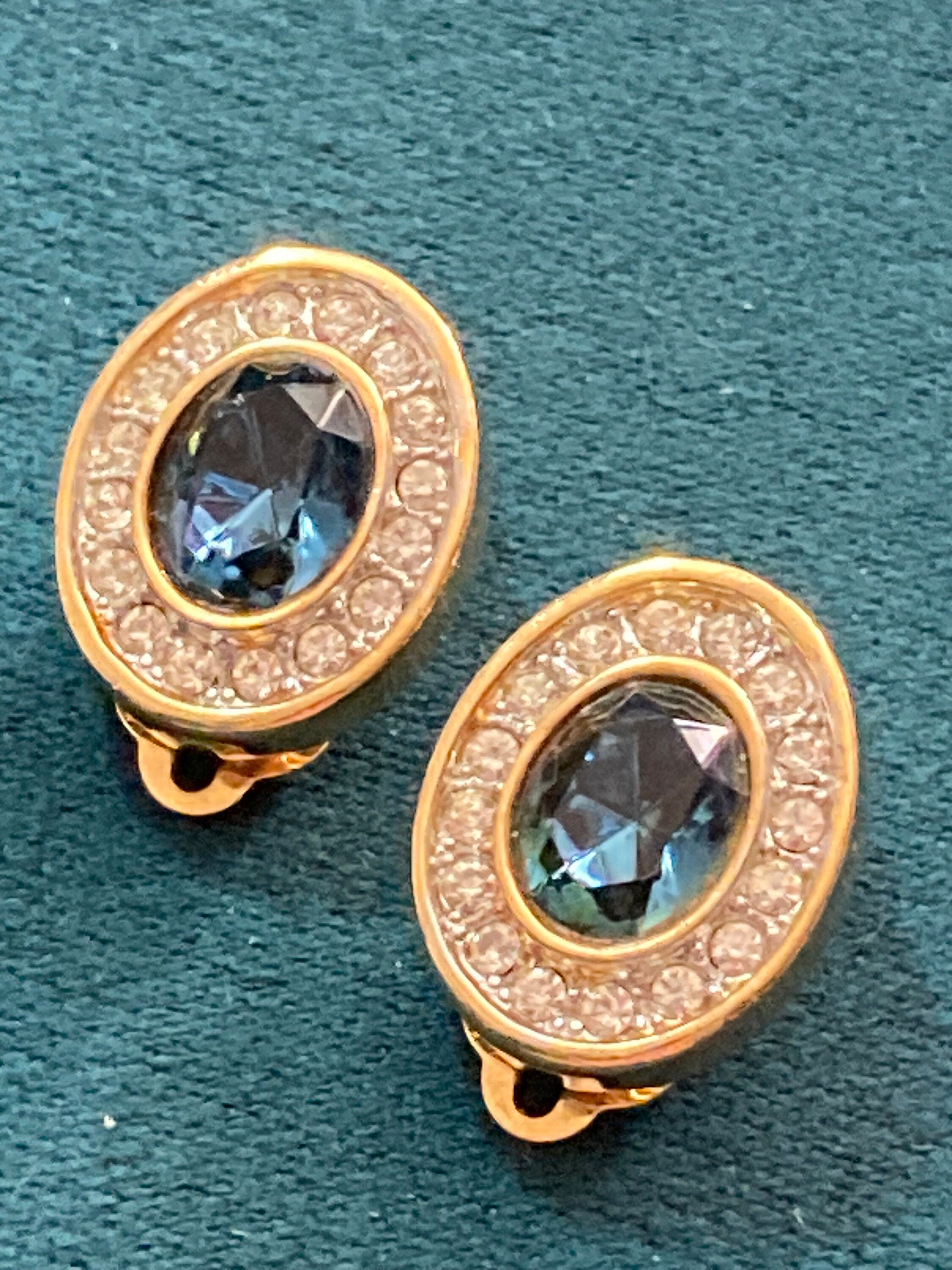 Signed Sphinx Oval sapphire clear glass paste gold tone diamanté clip on earrings