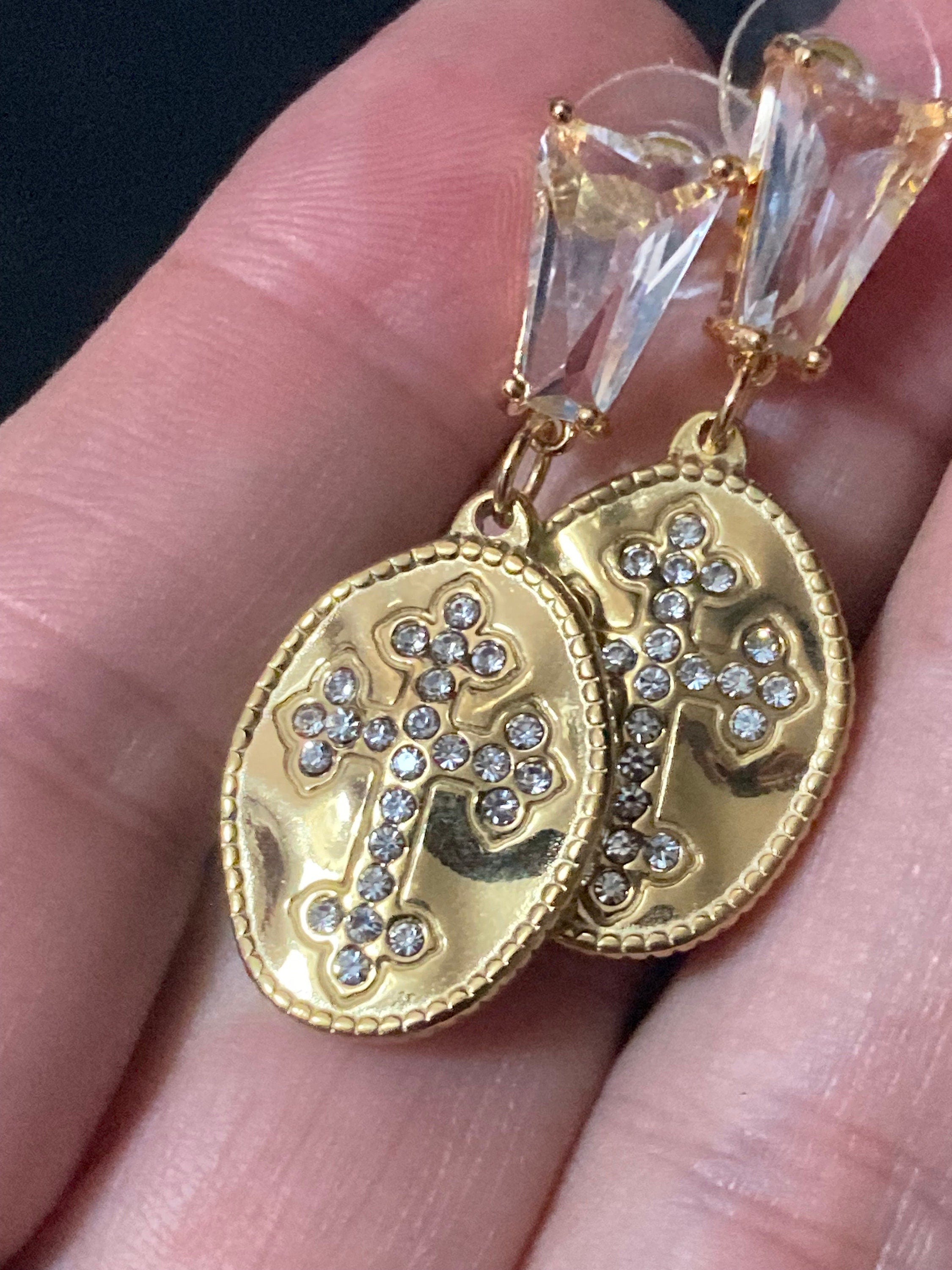 18k gold plated crystal diamanté clear religious cross drop post charm earrings