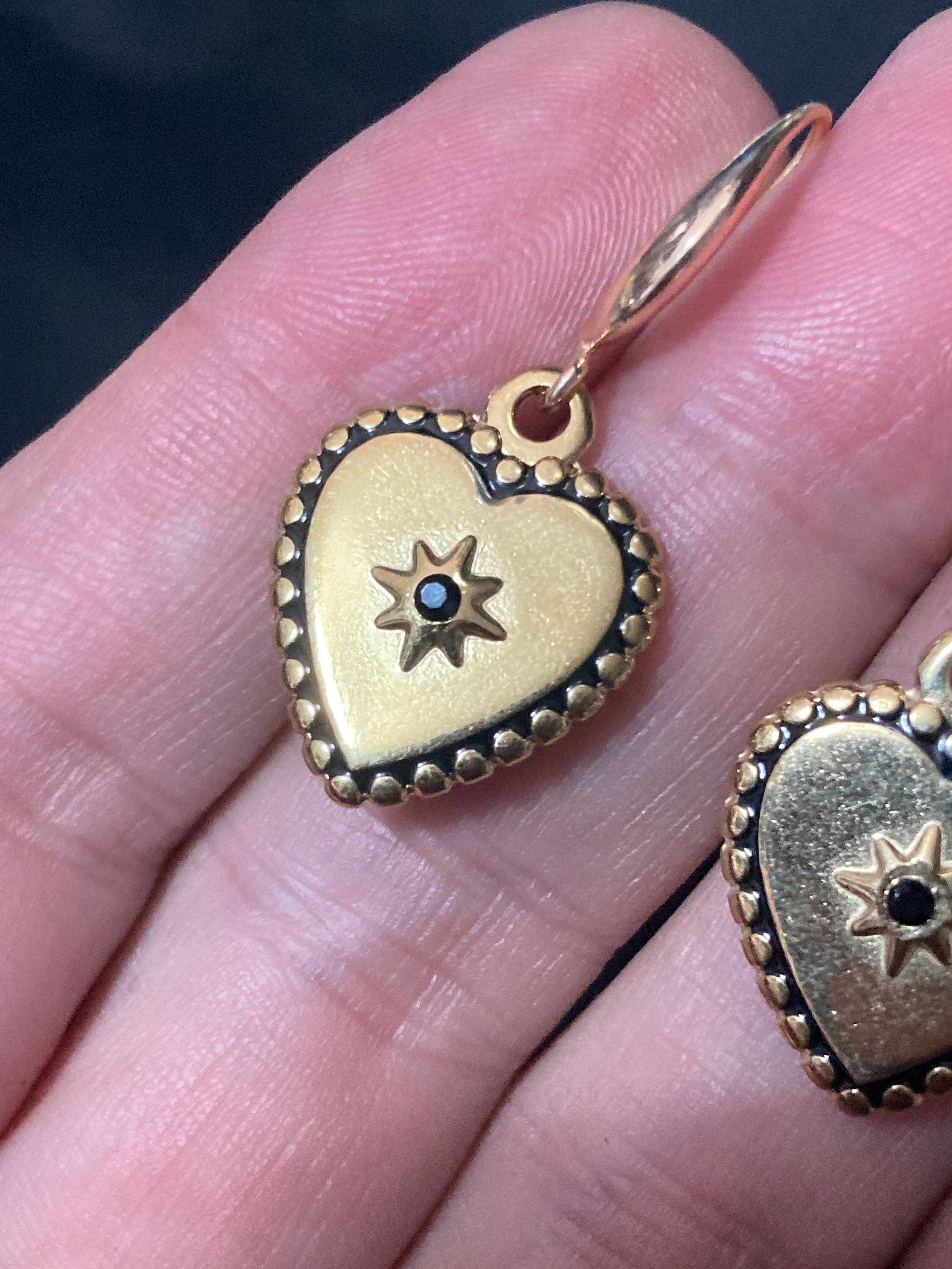 18k gold plated black diamanté and enamel Victorian love heart charm earrings