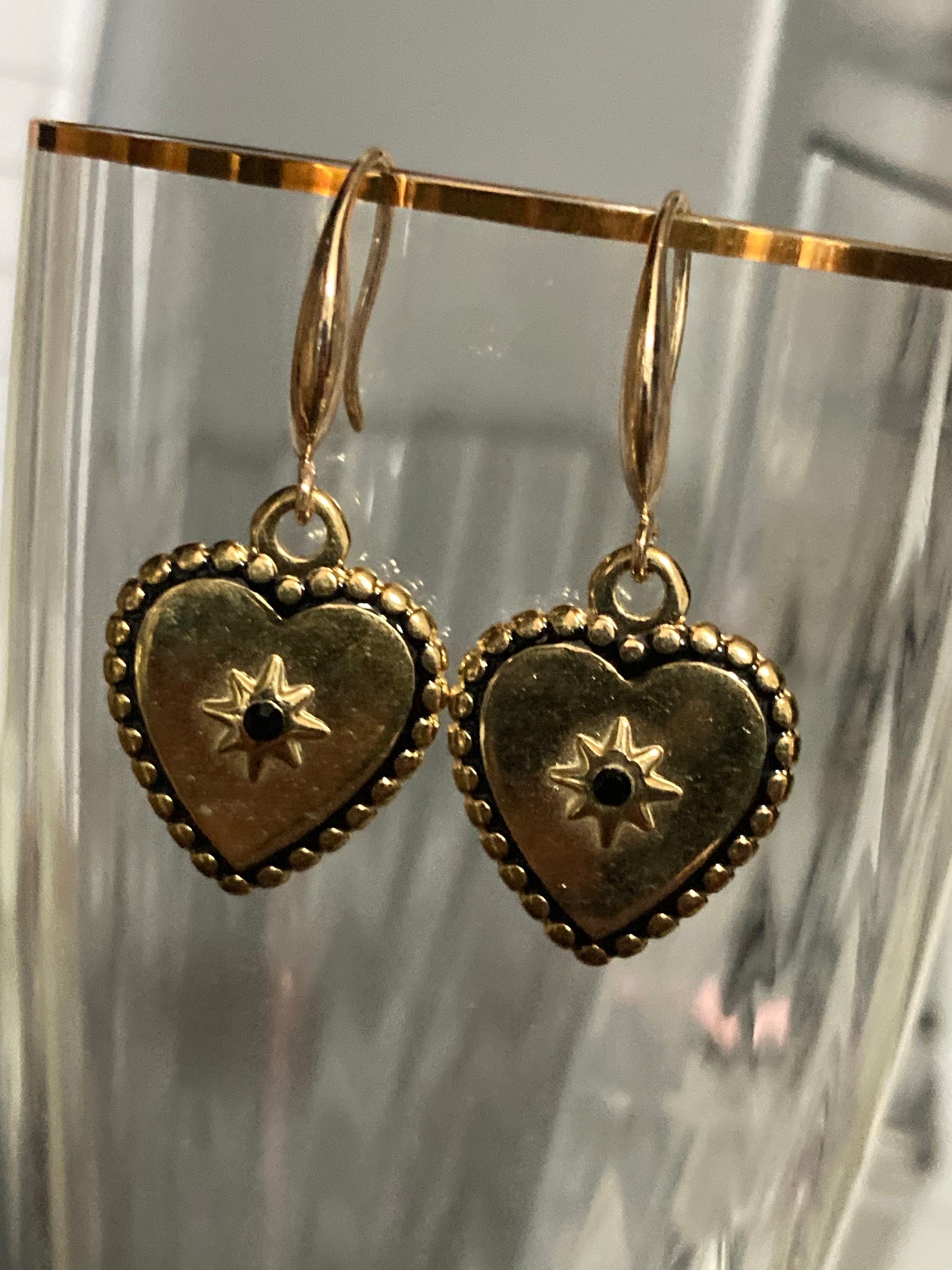 18k gold plated black diamanté and enamel Victorian love heart charm earrings