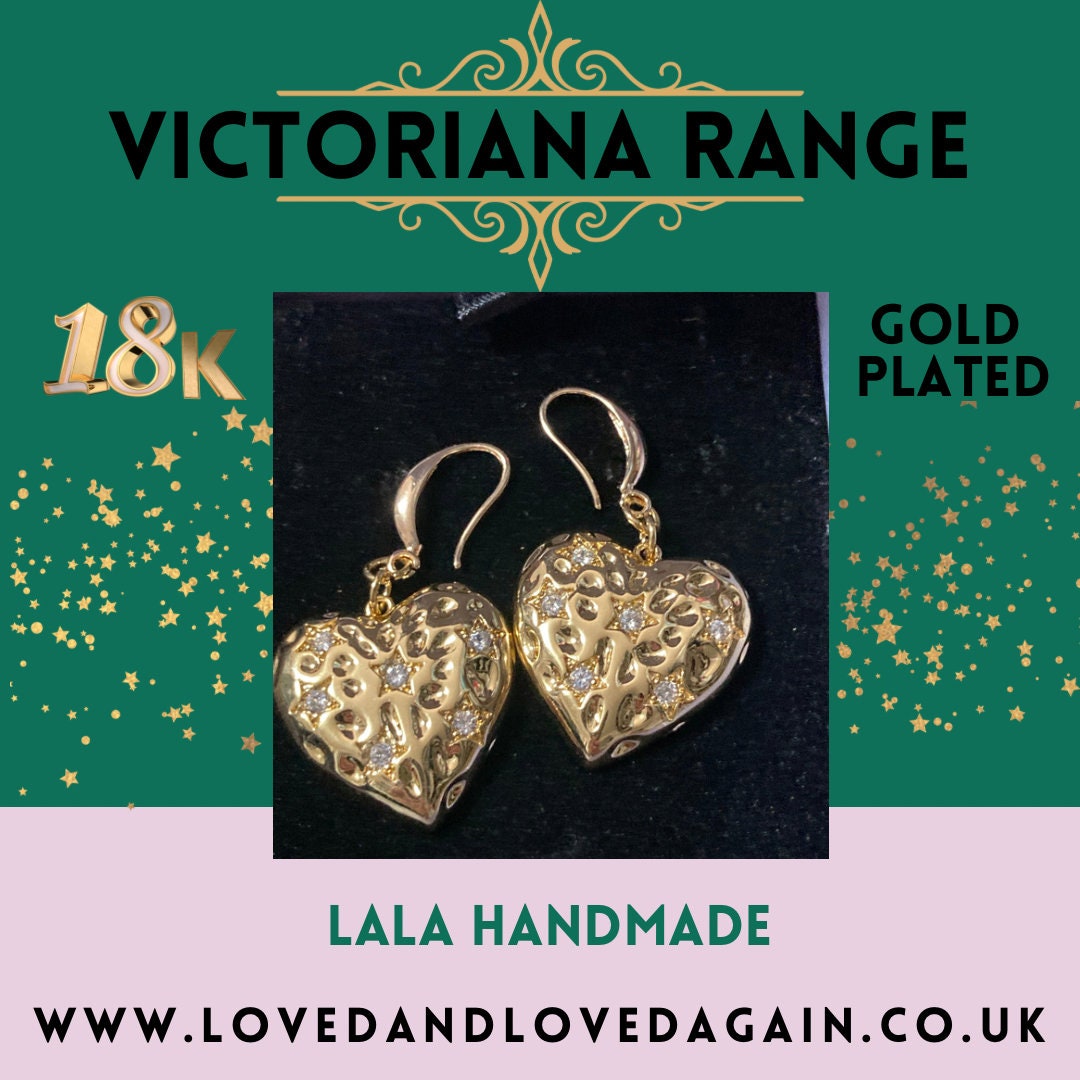 18k gold plated large clear crystal heavy love heart Victorian charm earrings