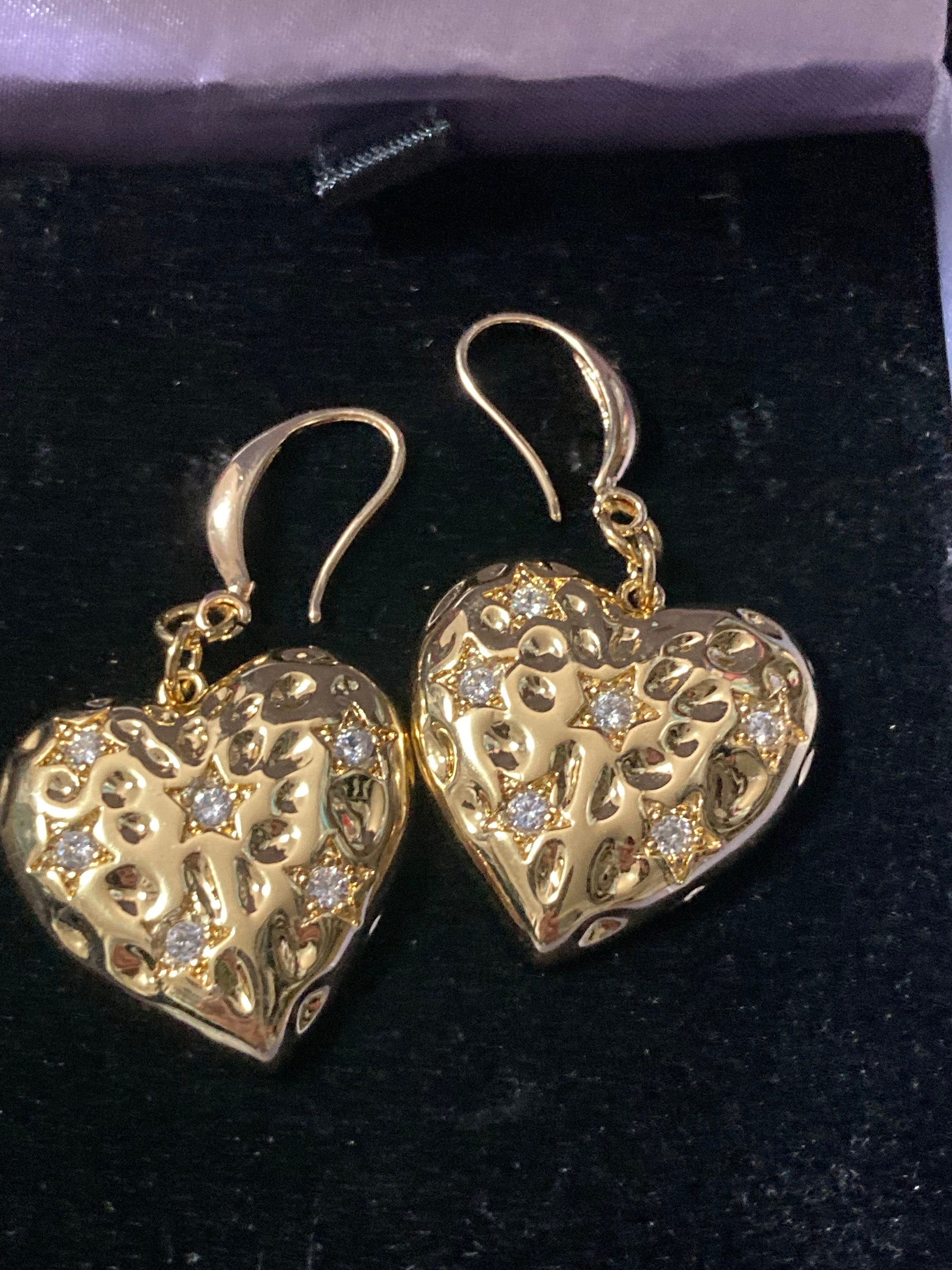 18k gold plated large clear crystal heavy love heart Victorian charm earrings