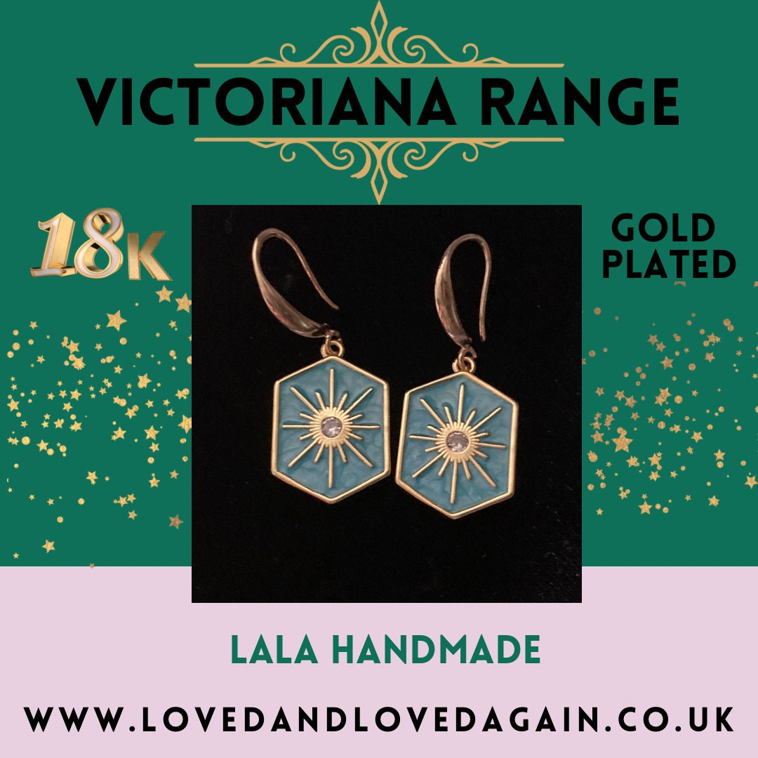 18k gold plated turquoise blue enamel Victorian octagonal star charm panel earrings