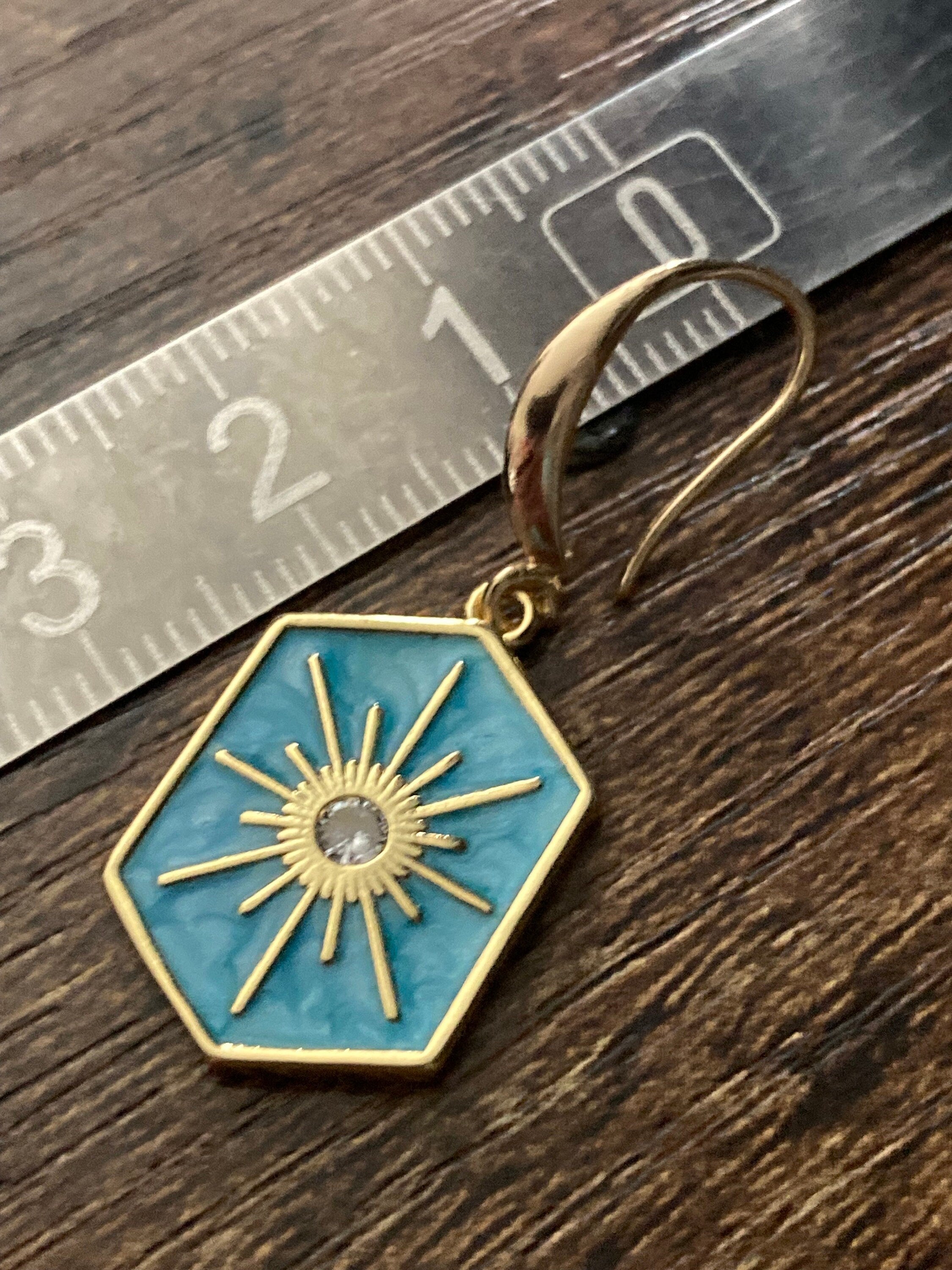 18k gold plated turquoise blue enamel Victorian octagonal star charm panel earrings