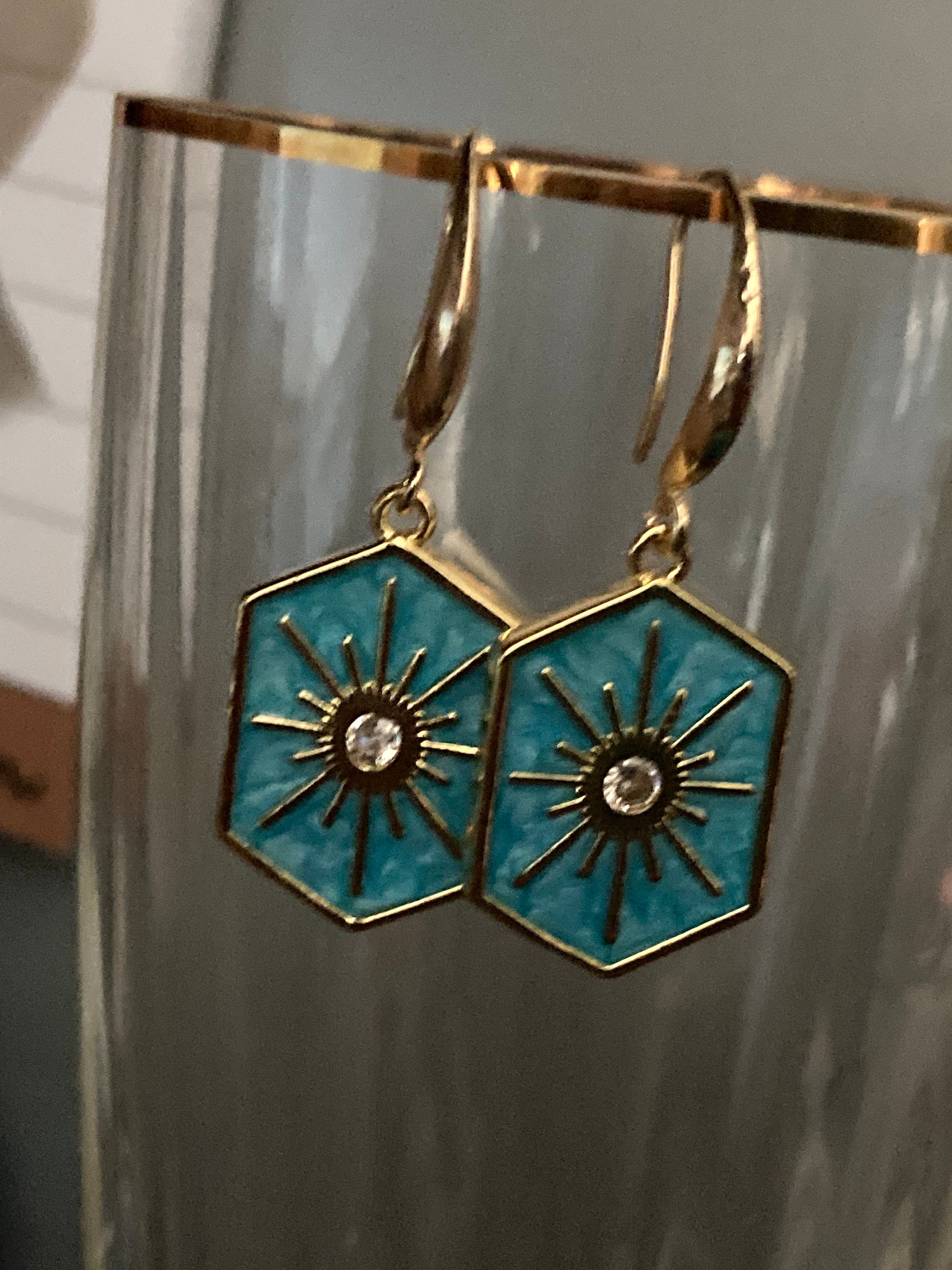 18k gold plated turquoise blue enamel Victorian octagonal star charm panel earrings