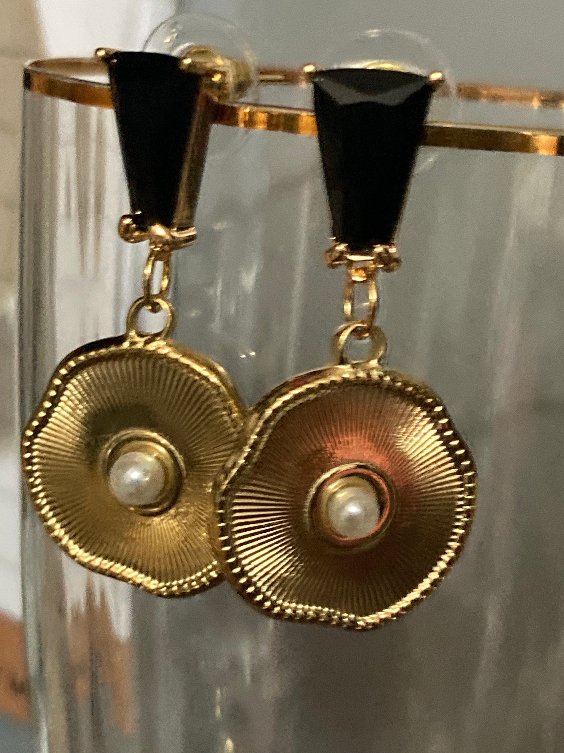 18k gold plated seed pearl black crystal diamanté Victorian post charm earrings