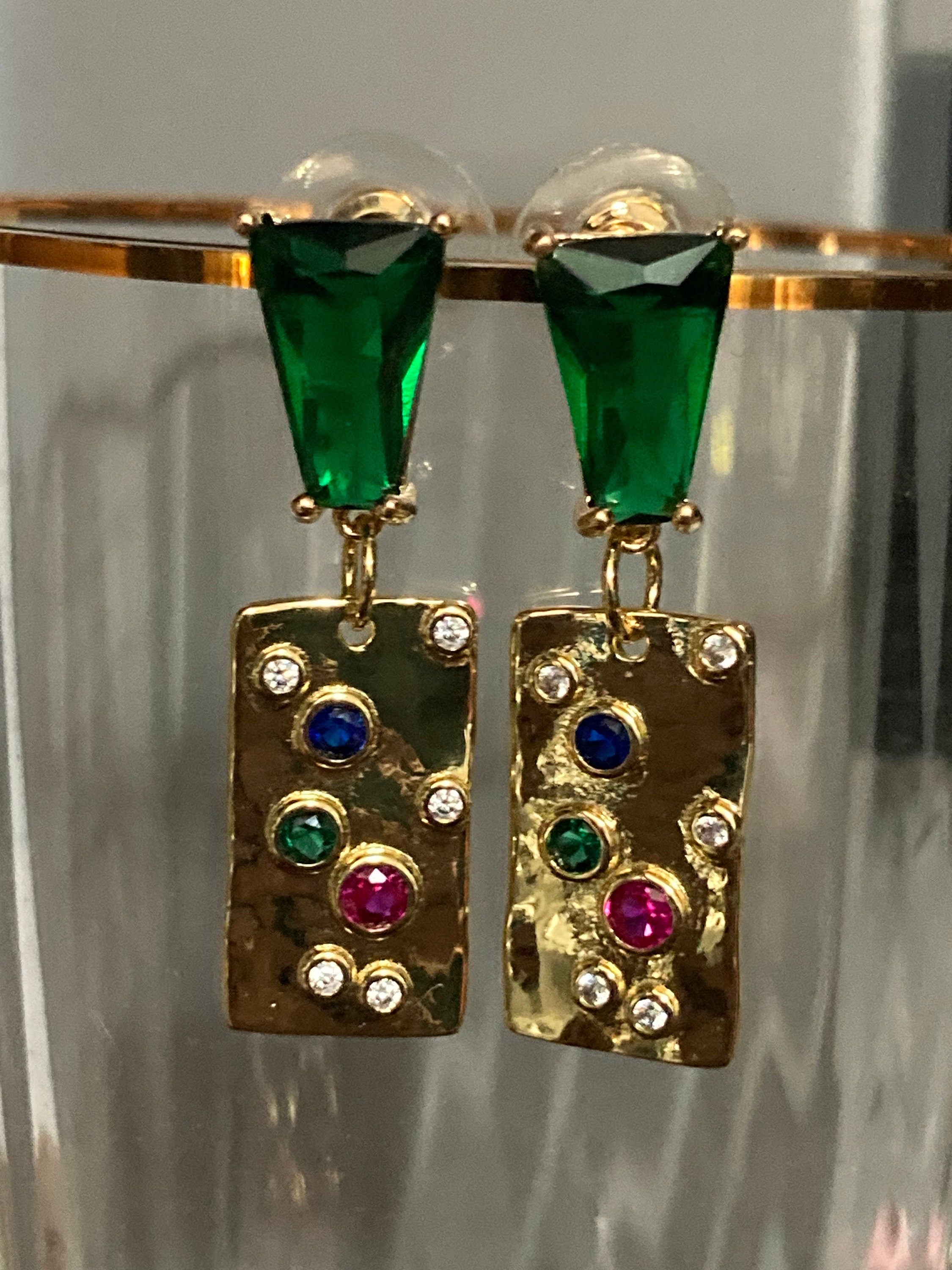 18k gold plated emerald green crystal diamanté post charm earrings pink
