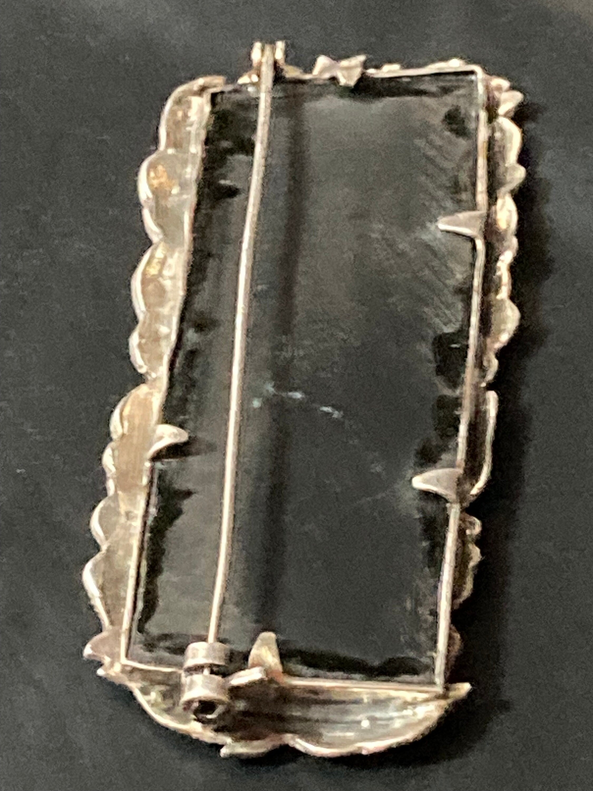 XL 7cm Antique Art Deco jet black onyx Sterling 925 solid silver marcasite gemstone Brooch