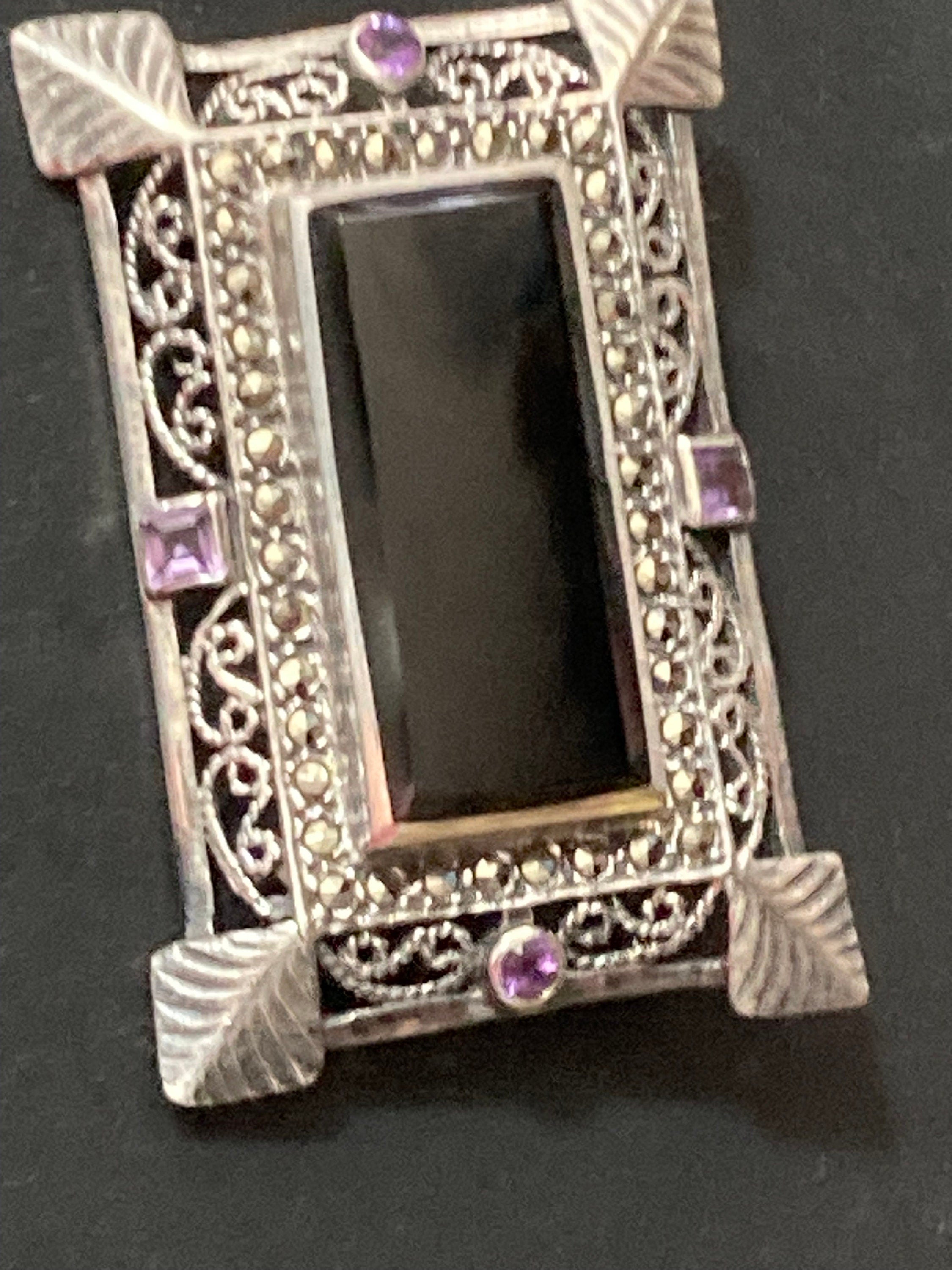 5cm Antique Art Deco onyx Sterling 925 solid silver marcasite gemstone Brooch