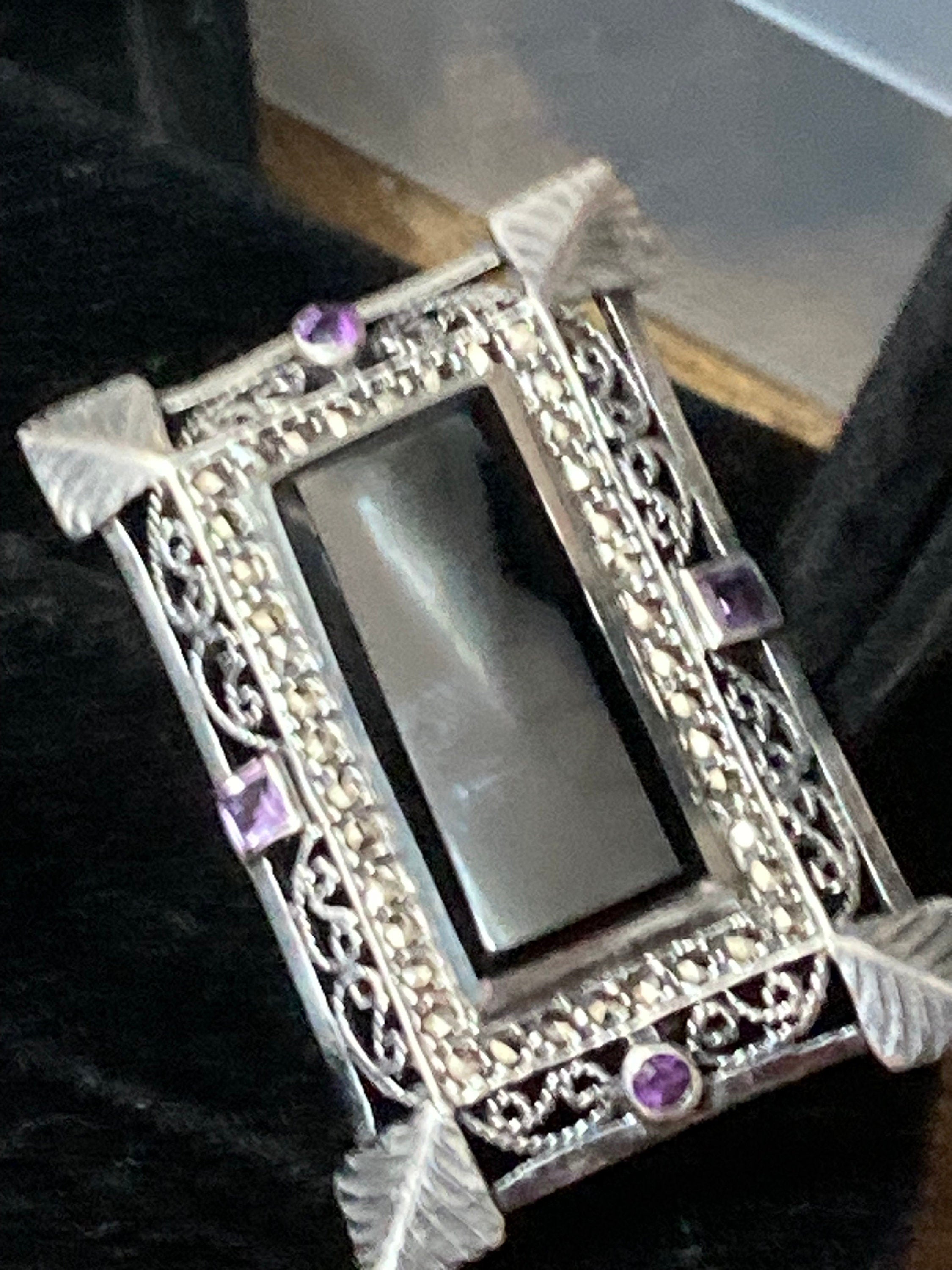 5cm Antique Art Deco onyx Sterling 925 solid silver marcasite gemstone Brooch