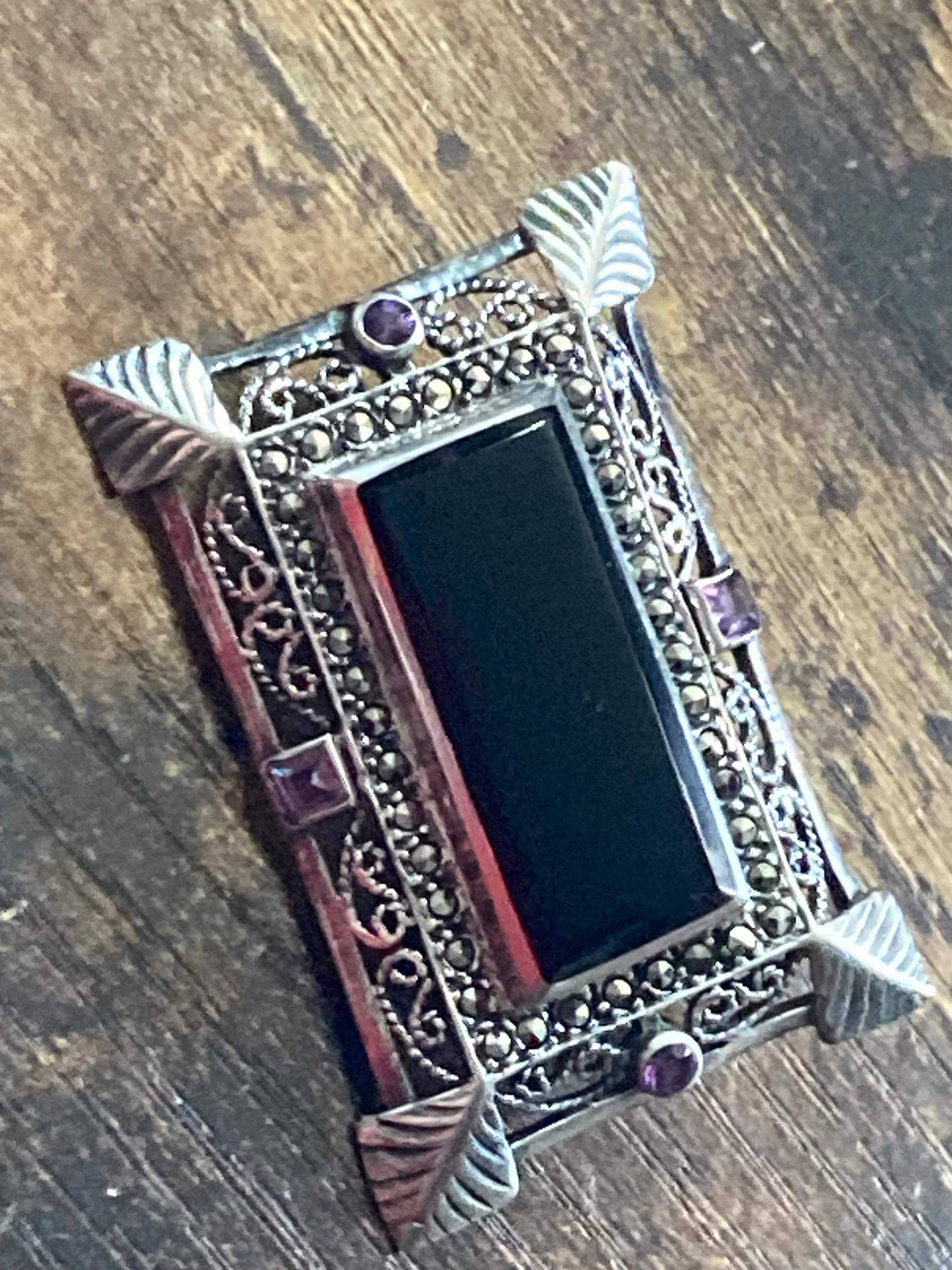 5cm Antique Art Deco onyx Sterling 925 solid silver marcasite gemstone Brooch