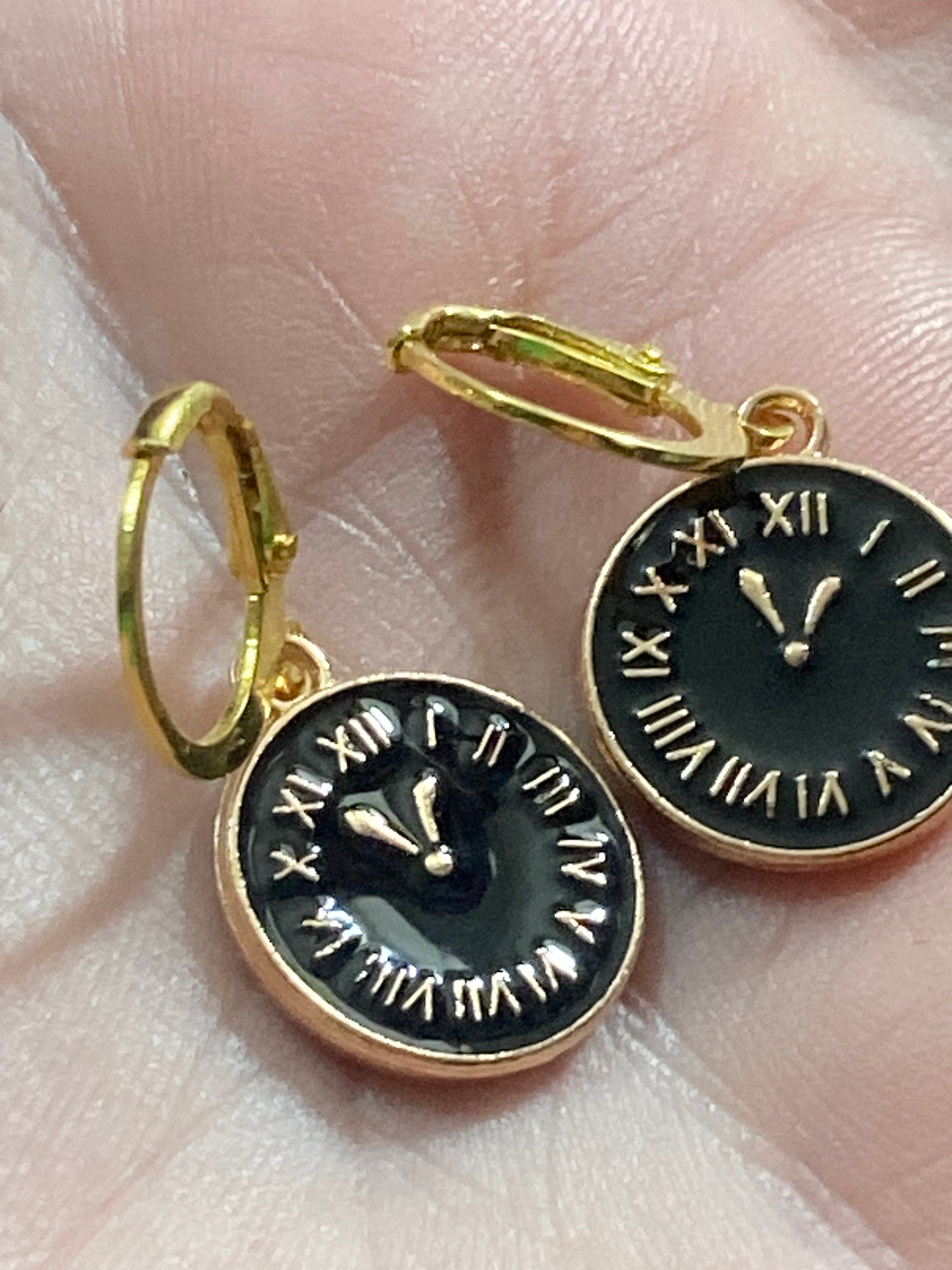 18k gold plated black enamel Victorian Clock charm earrings